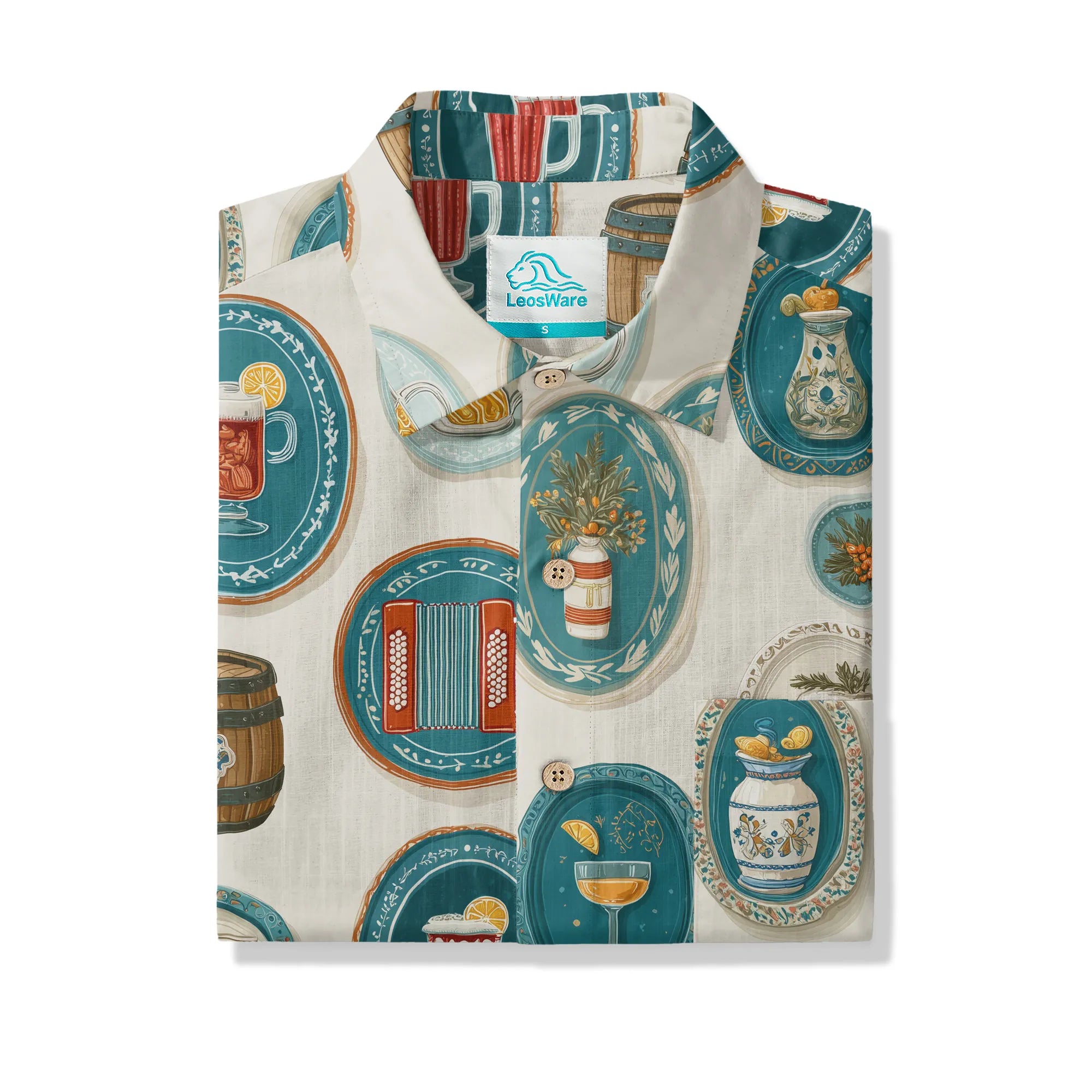 LeosWare® Men's Hawaiian Shirt Short Sleeve Button-up 100% Cotton Aloha Beer Festival Keepsake Plate By Ann