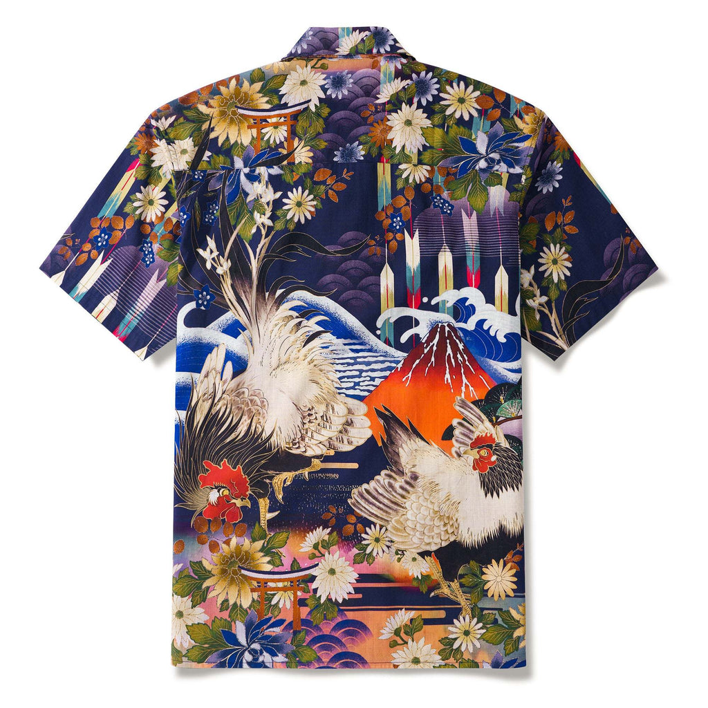 Japanese ukiyo-e Hawaiian Shirt 100% Cotton Men's Aloha Short Sleeve Camp Collar Wave Shirt Eastern Inspired Rooster By Zeke