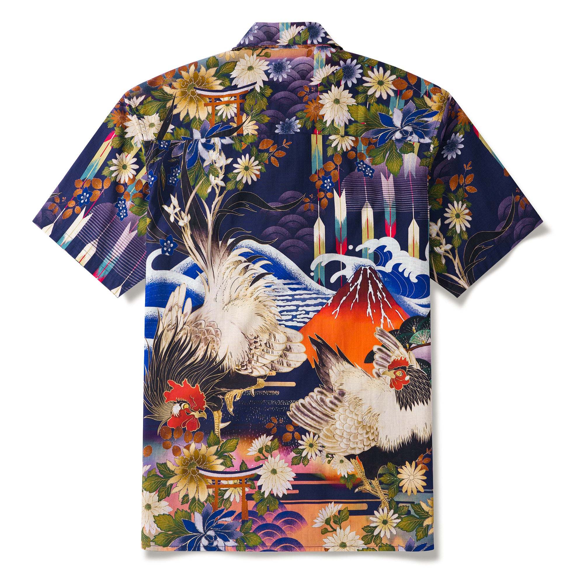 Japanese ukiyo-e Hawaiian Shirt 100% Cotton Men's Aloha Short Sleeve Camp Collar Wave Shirt Eastern Inspired Rooster By Zeke