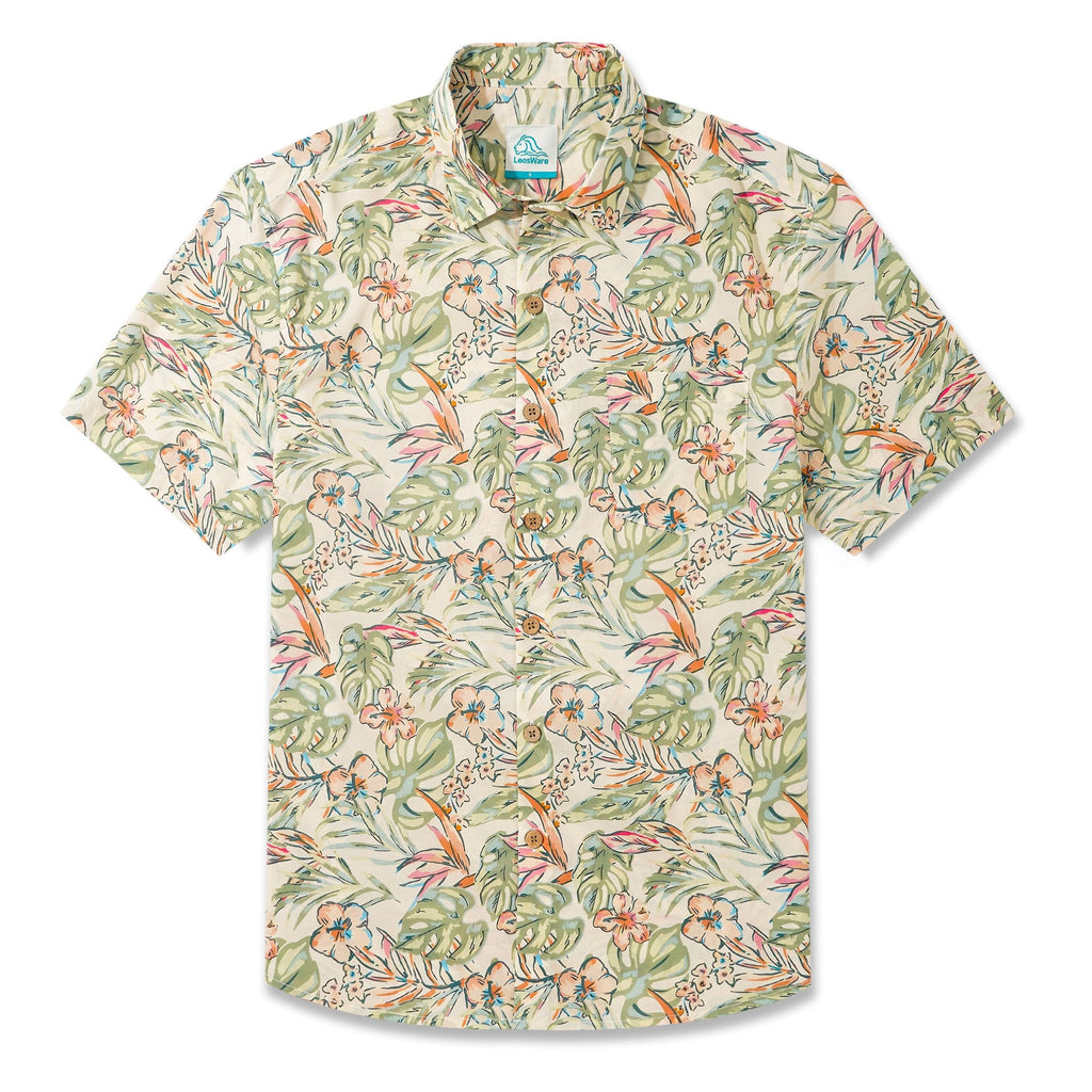 LeosWare® Men's Hawaiian Shirt Short Sleeve Button-up 100% Cotton Beige Aloha Fresh Tropical Plant Art By Ethan