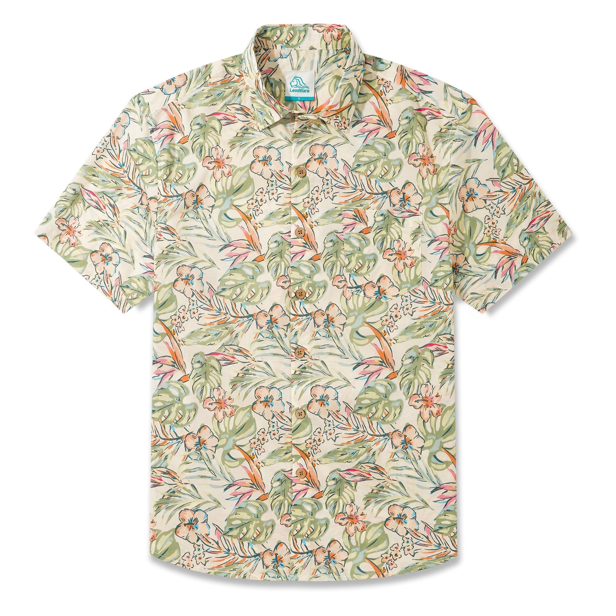 LeosWare® Men's Hawaiian Shirt Short Sleeve Button-up 100% Cotton Beige Aloha Fresh Tropical Plant Art By Ethan
