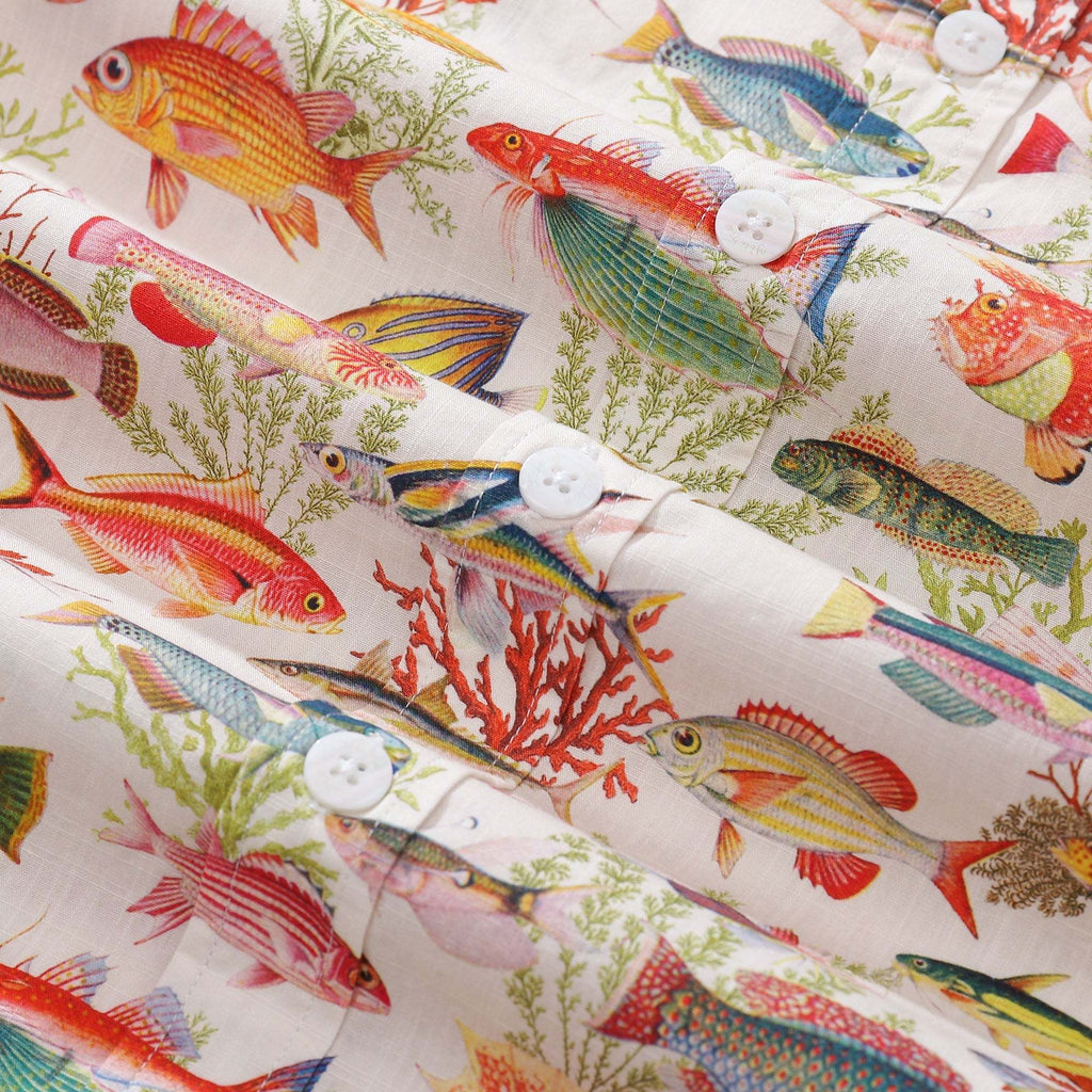 Yiume Fishing Shirt Hawaiian Shirt For Men  Short Sleeve Button-down Shirt 100% Cotton White Aloha Sea Ocean Fish By Amy