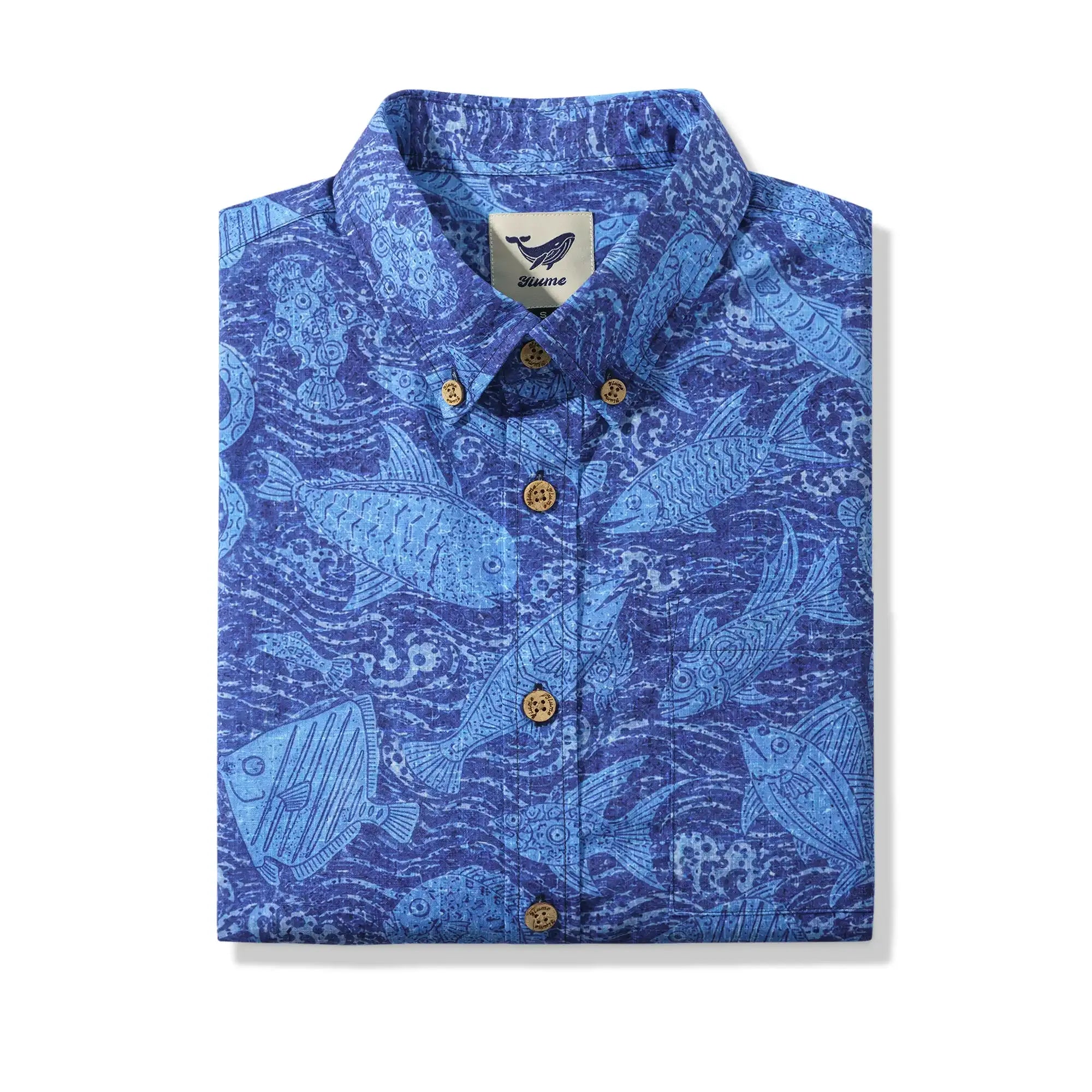 Men's Hawaiian Shirt Short Sleeve Button-down 100% Cotton Blue Aloha Indigo School Of Fish By Huan huan