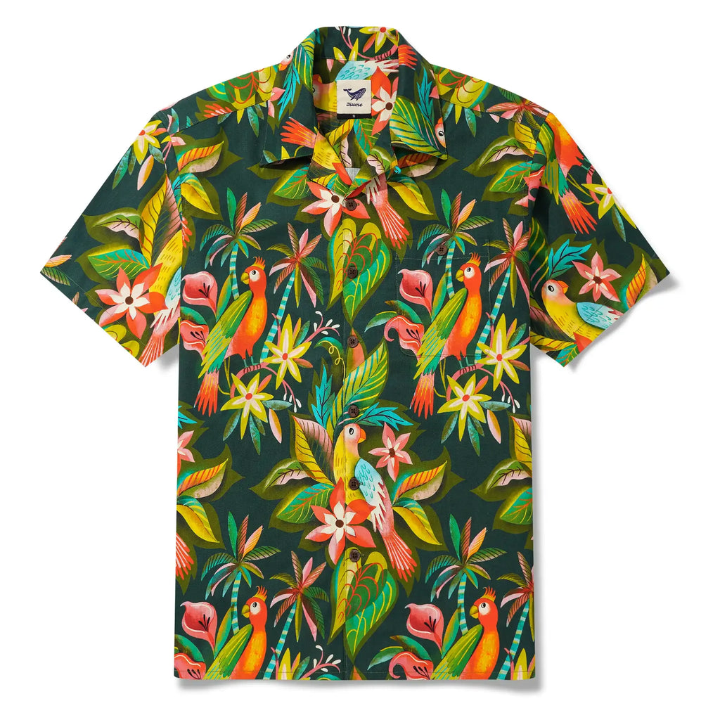 Men's Hawaiian Shirt Short Sleeve Camp Collar 100% Cotton Green Aloha Parrots In The Jungle By Uta Krogmann