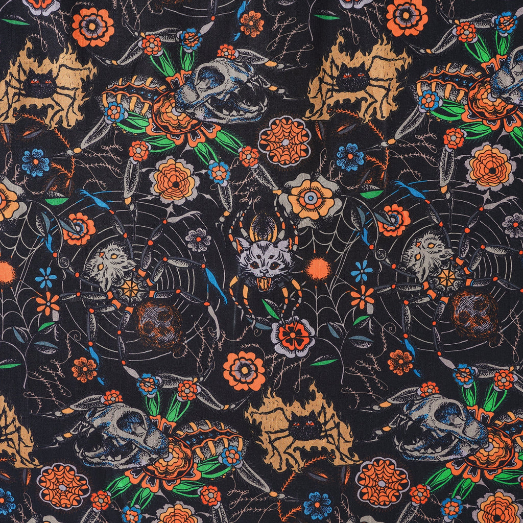 Halloween Gift Men's Hawaiian Shirt Short Sleeve Button-down 100% Cotton Black Aloha Spider Cat By Sophia