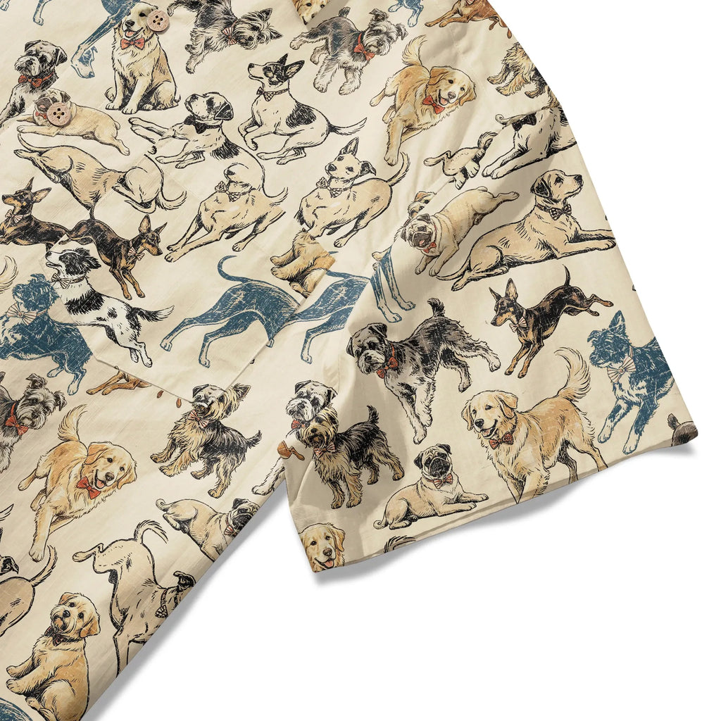 LeosWare® Dog Men's Hawaiian Shirt Short Sleeve Button-up 100% Cotton Yellow Aloha Dog Bow Tie Set By Huan huan