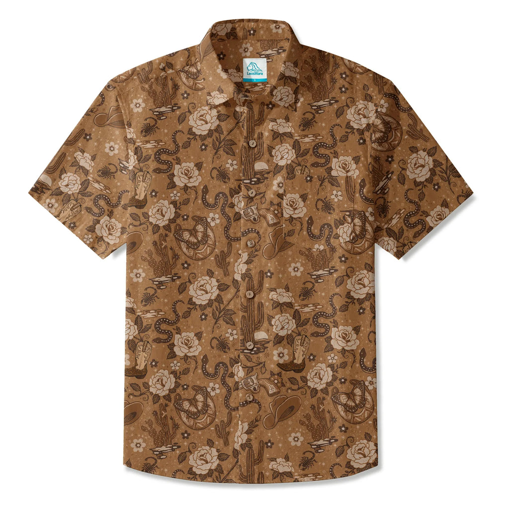 LeosWare® Men's Hawaiian Shirt Short Sleeve Button-up 100% Cotton Brown Aloha Wild West Desert Bloom By Huan Huan