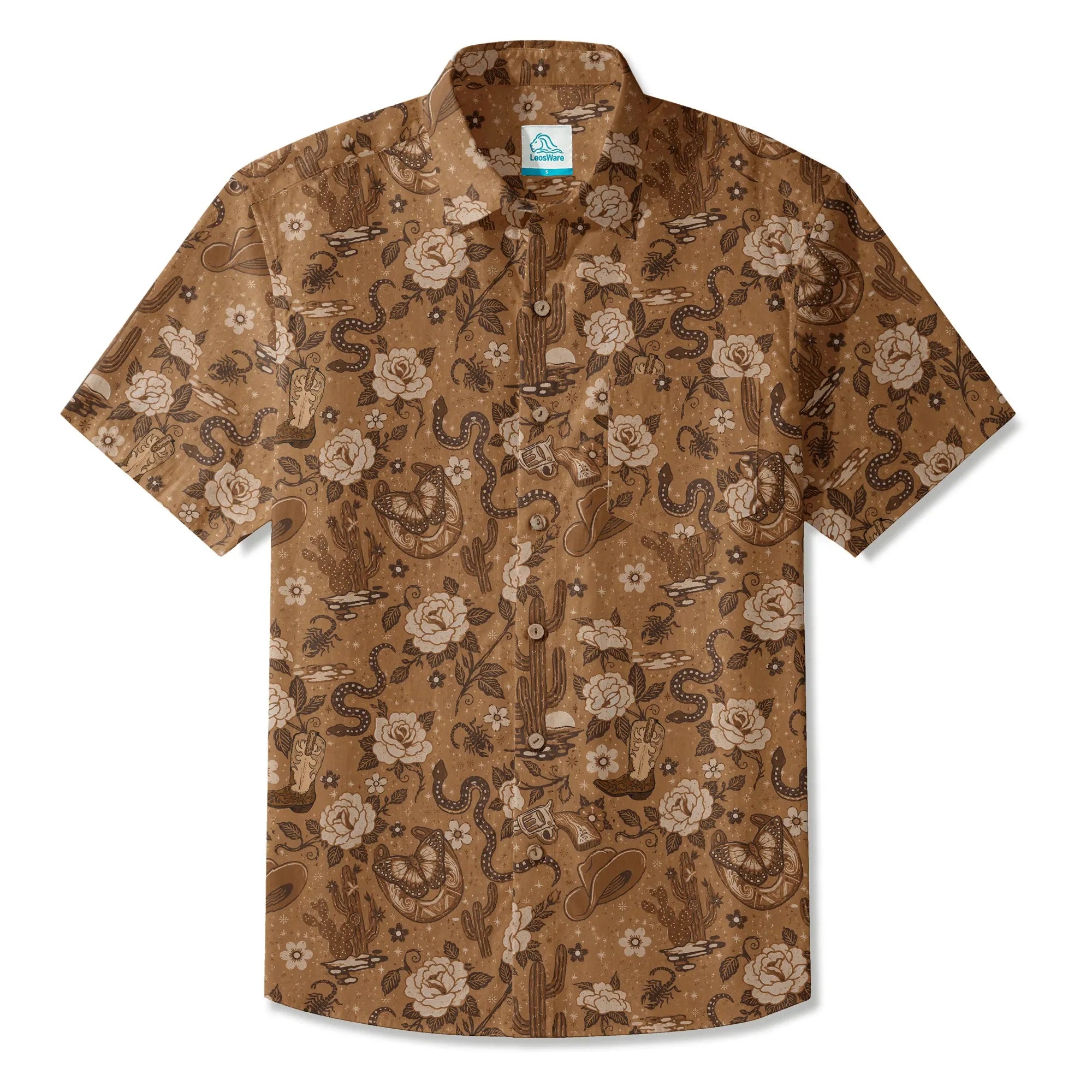 LeosWare® Men's Hawaiian Shirt Short Sleeve Button-up 100% Cotton Brown Aloha Wild West Desert Bloom By Huan Huan
