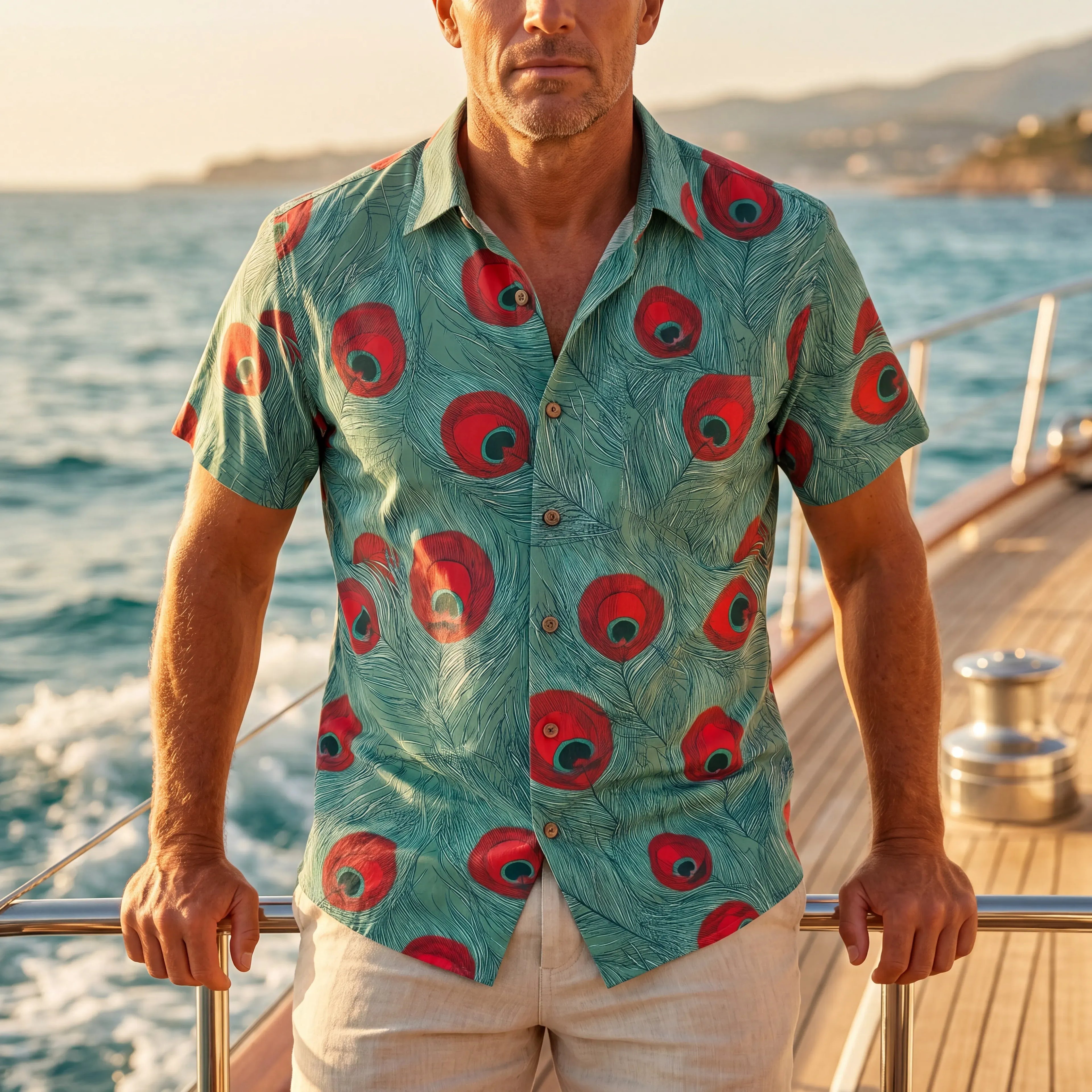 LeosWare® Men's Hawaiian Shirt Short Sleeve Button-up 100% Cotton Green Aloha Crimson Iris Blue Feathers By Ann