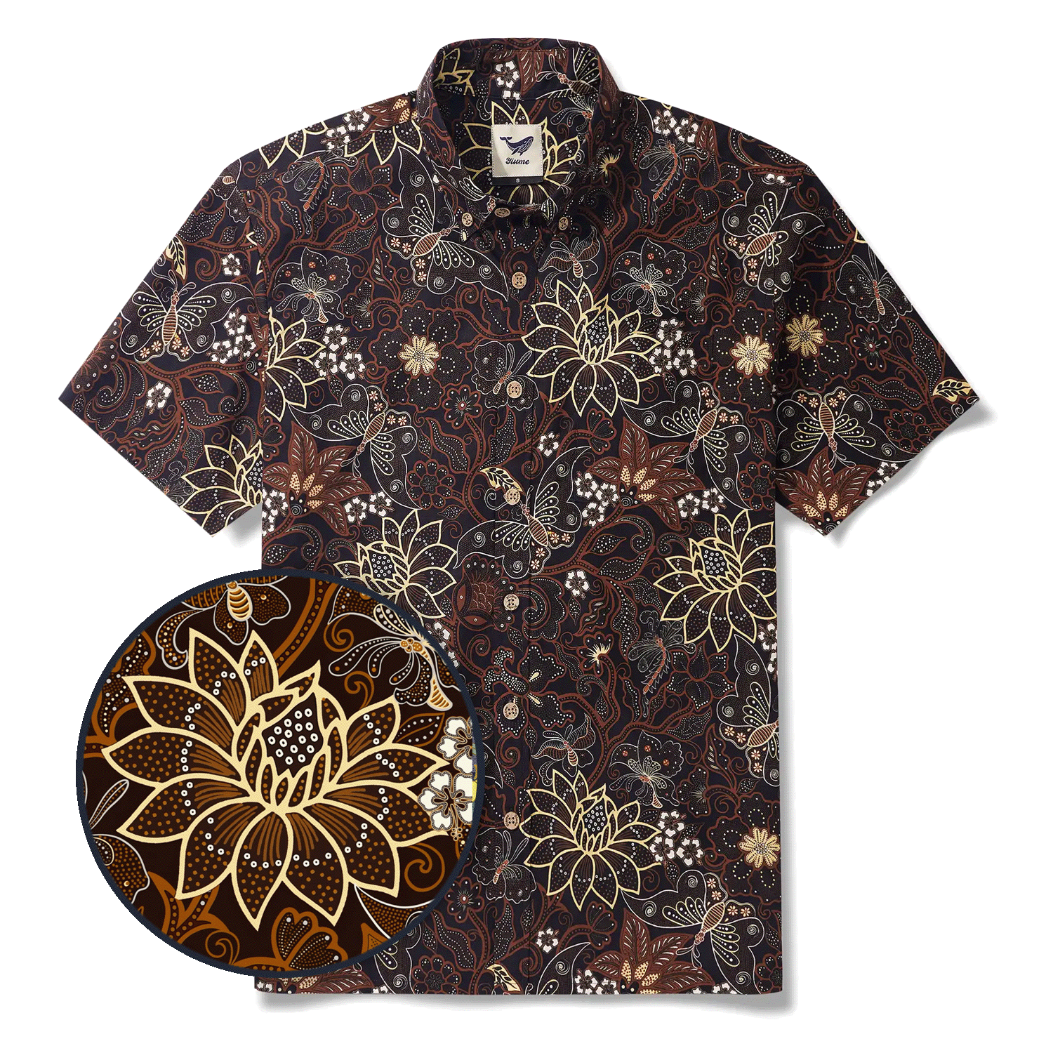 Chemise hawaïenne pour homme à manches courtes, boutonnée, 100 % coton, jaune, Aloha Fleurs envoûtantes et papillons par Huan huan