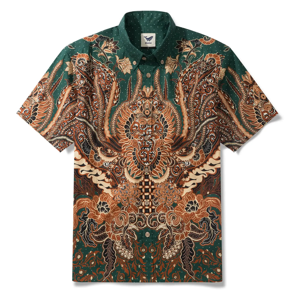 Indian Style Men's Hawaiian Shirt Short Sleeve Button-down 100% Cotton Green Aloha Phoenix Rebirth By Yana