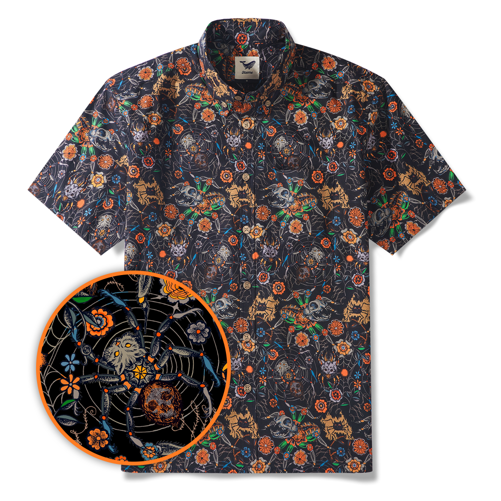 Halloween Gift Men's Hawaiian Shirt Short Sleeve Button-down 100% Cotton Black Aloha Spider Cat By Sophia