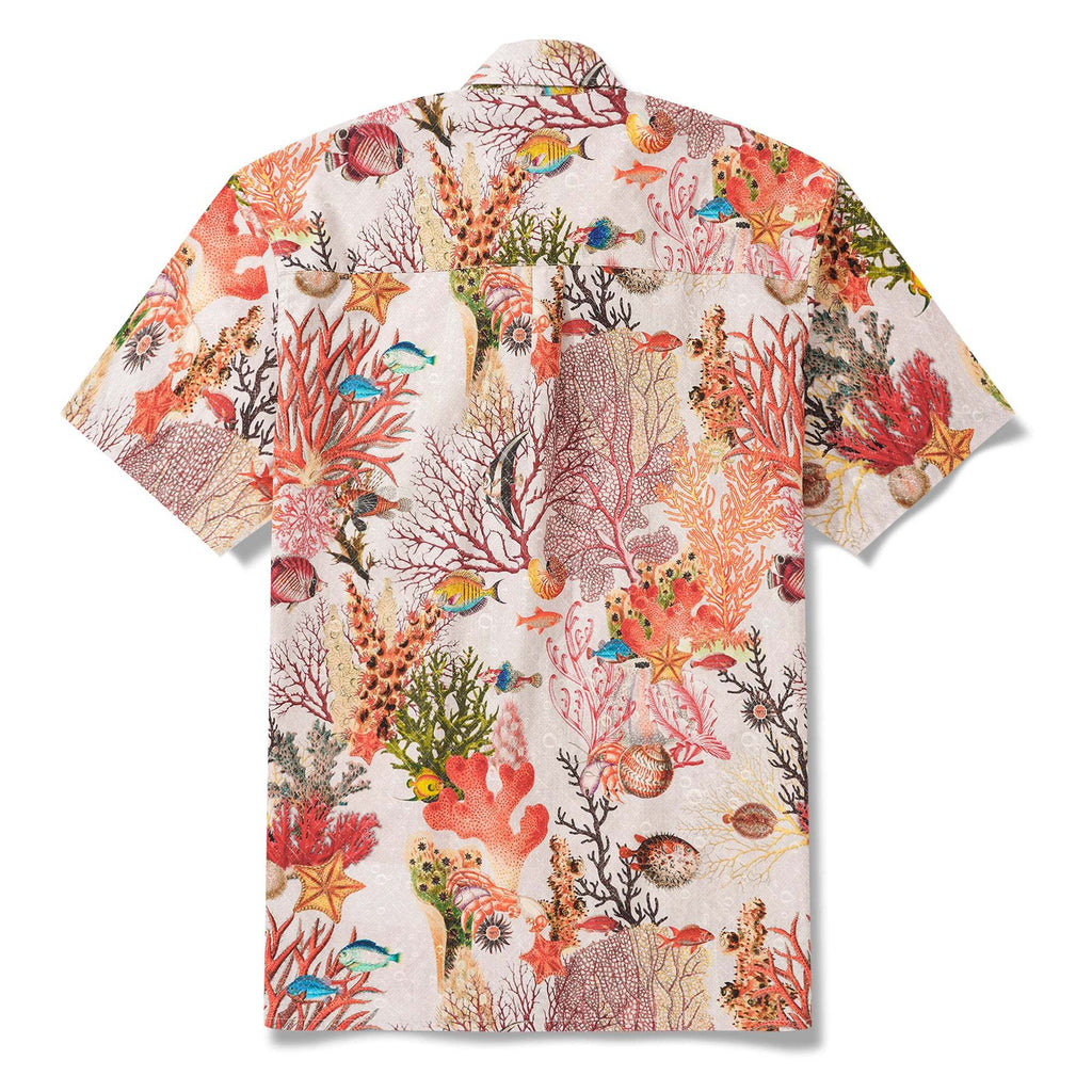 Men's Hawaiian Shirt Short Sleeve Button-down 100% Cotton Beige Aloha Marine Fantasia By Yakima