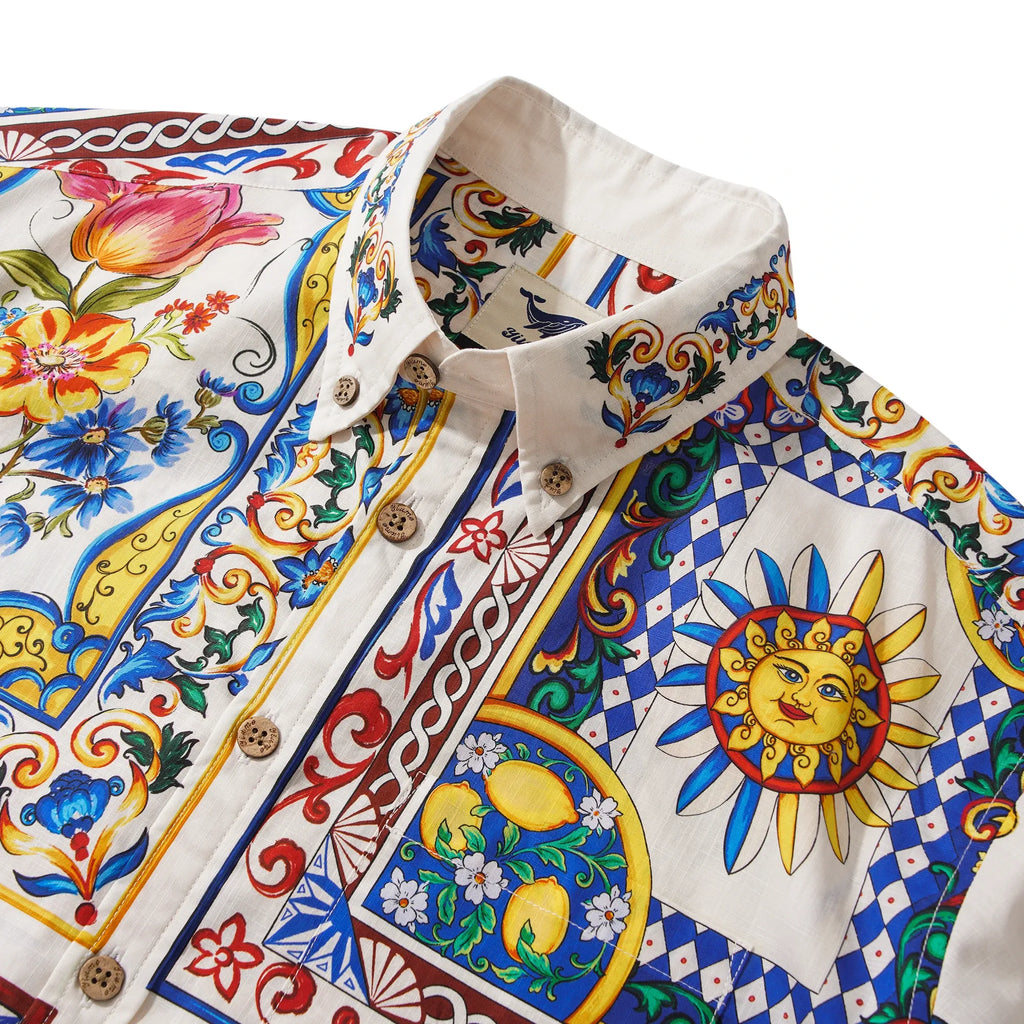 Men's Hawaiian Shirt Short Sleeve Button-down 100% Cotton Blue Flower Aloha Lemon Sicily Venice By Huan huan