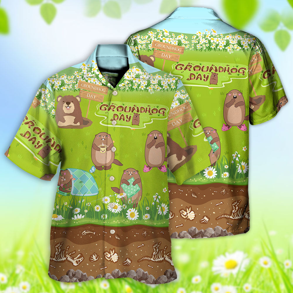 Groundhog Day Happy Spring Day With Grass Flowers - Hawaiian Shirt