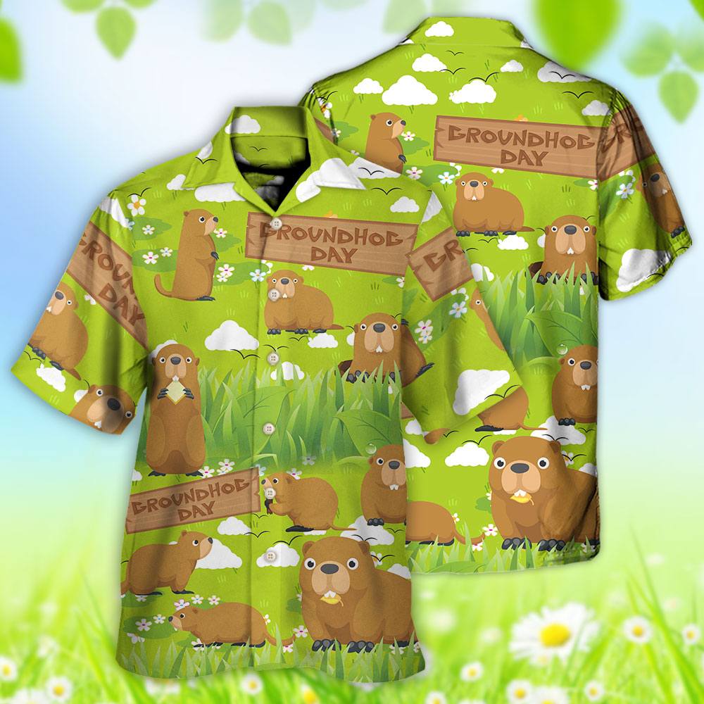 Groundhog Happy Day With Grass Flowers Garden - Hawaiian Shirt