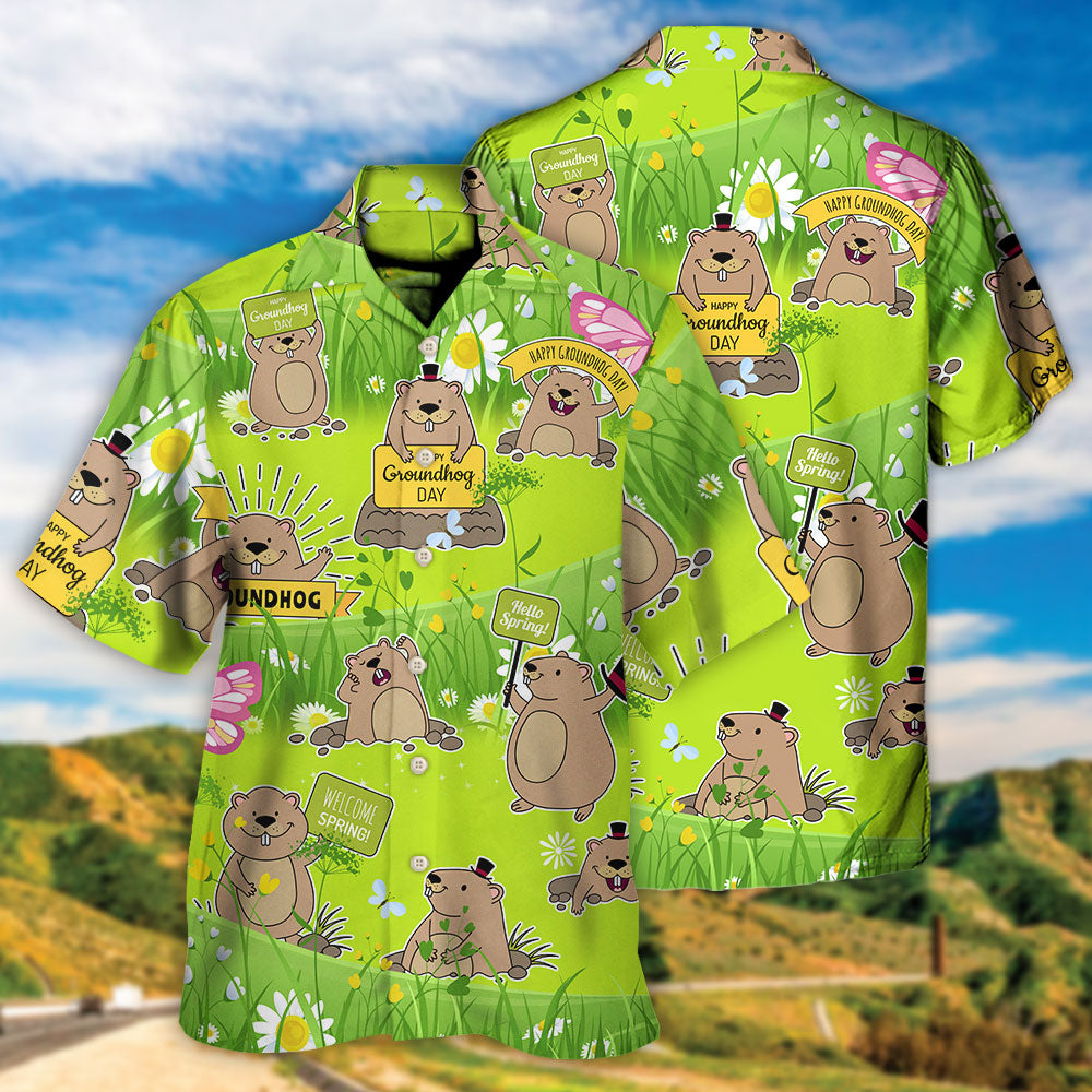 Groundhog Day Happy Spring With Flowers - Hawaiian Shirt
