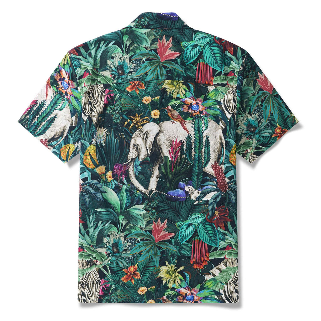 Elephant Jungle Enchantment Menagerie 100% Cotton Men's Aloha Hawaiian Short Sleeve Camp Collar Shirt Zebra Bird Dog By Sylvia