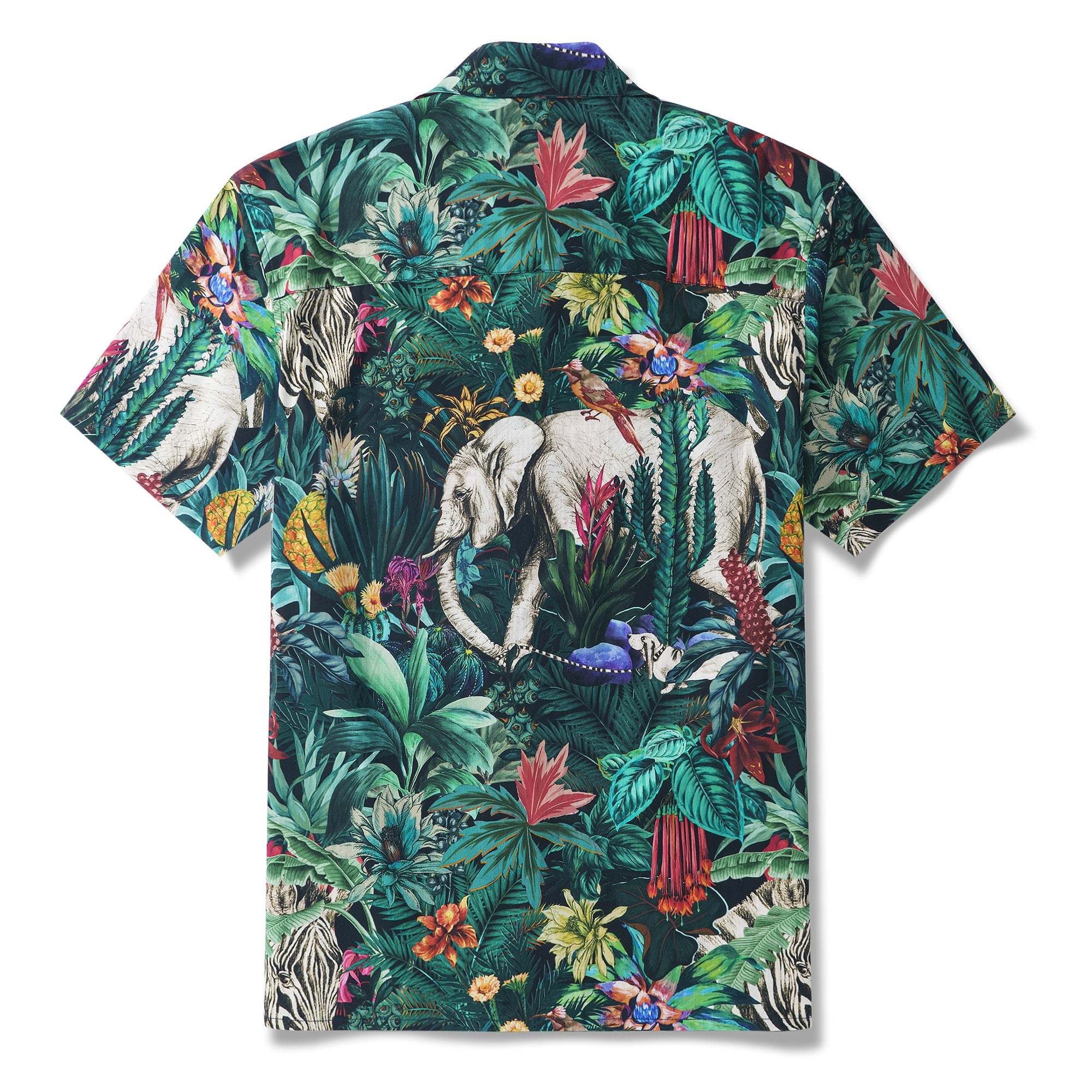 Elephant Jungle Enchantment Menagerie 100% Cotton Men's Aloha Hawaiian Short Sleeve Camp Collar Shirt Zebra Bird Dog By Sylvia