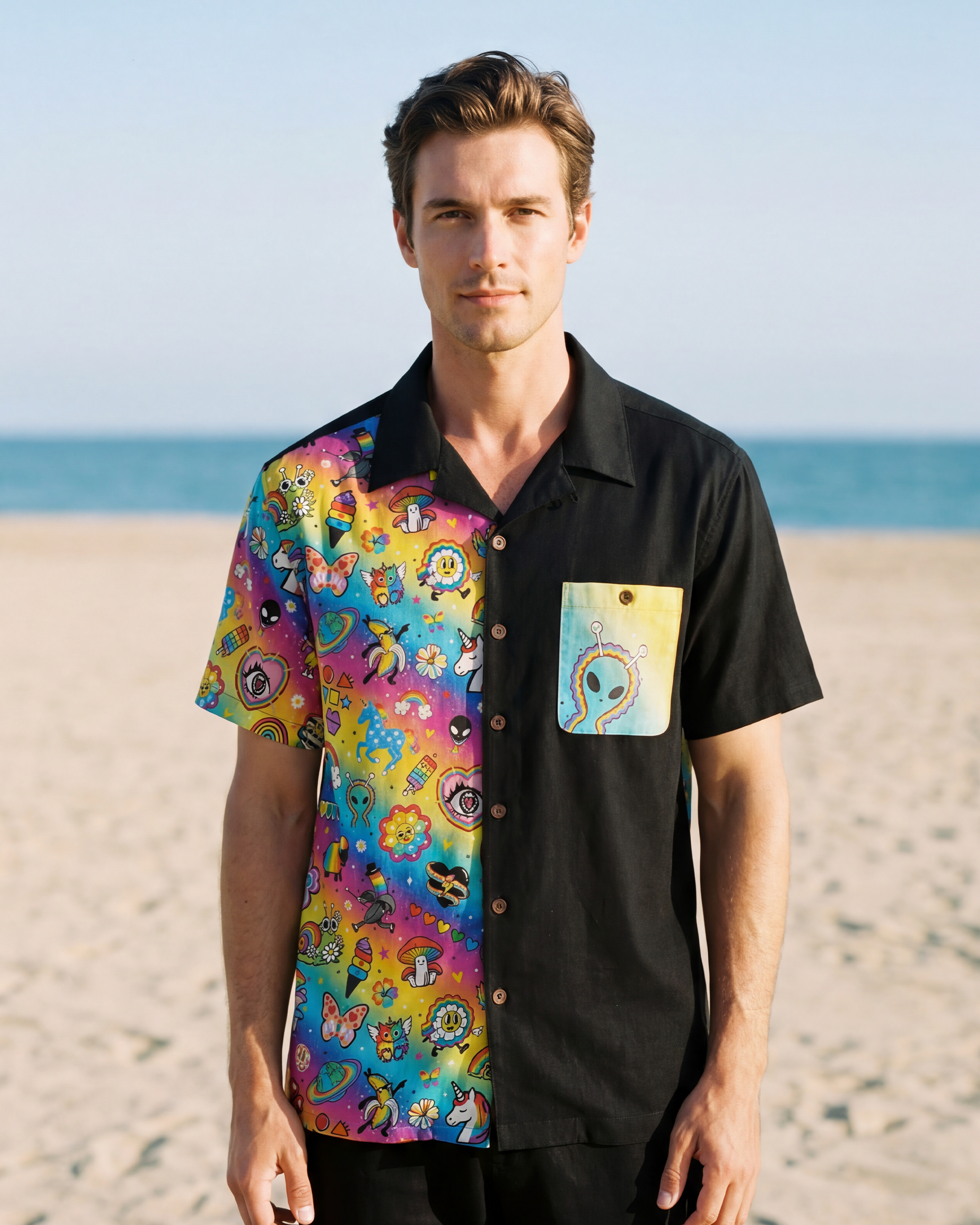 Men's Hawaiian Shirt Short Sleeve Camp Collar 100% Cotton Aloha Rainbow Pride Delight By Cigar