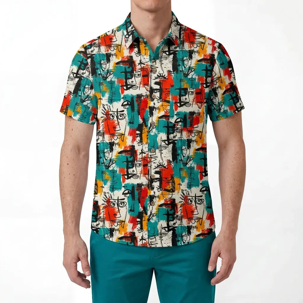 LeosWare® Men's Hawaiian Shirt Short Sleeve Button-up 100% Cotton Aloha Face Doodle By Ann
