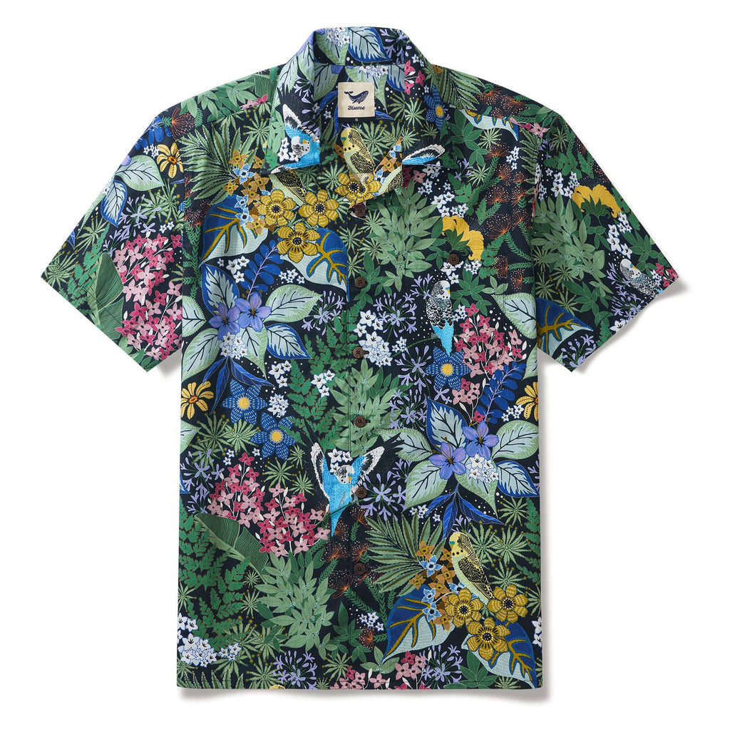 Yiume Tropical Hawaiian Shirt For Men 100% Cotton Short Sleeve Green Camp Collar Parrot Aloha Shirt Parrot's Garden By Zeke
