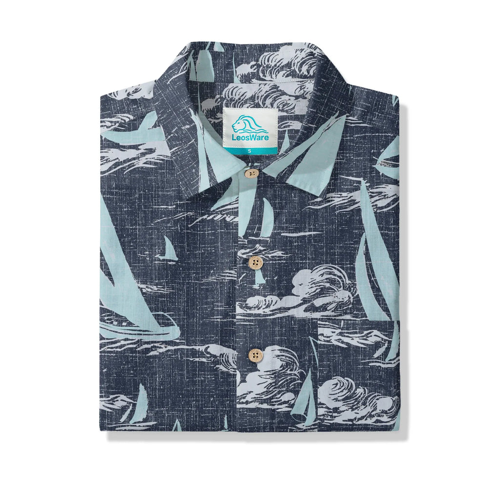 LeosWare® Sailboat Men's Hawaiian Shirt Short Sleeve Button-up 100% Cotton Blue Aloha Sailing To The Horizon By Ann