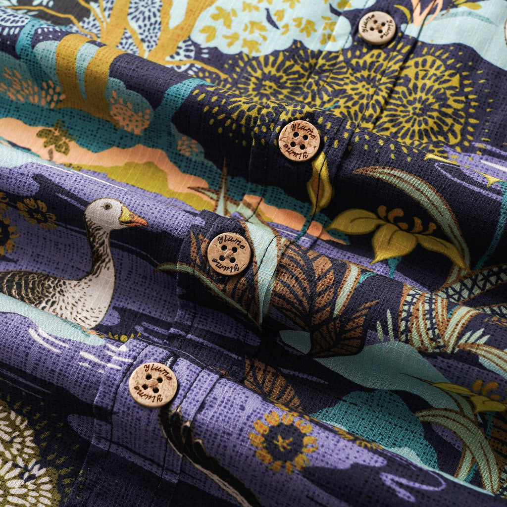Men's Hawaiian Shirt Short Sleeve Button-down 100% Cotton Blue Aloha The Yellow Iris River By Abigail Bryan