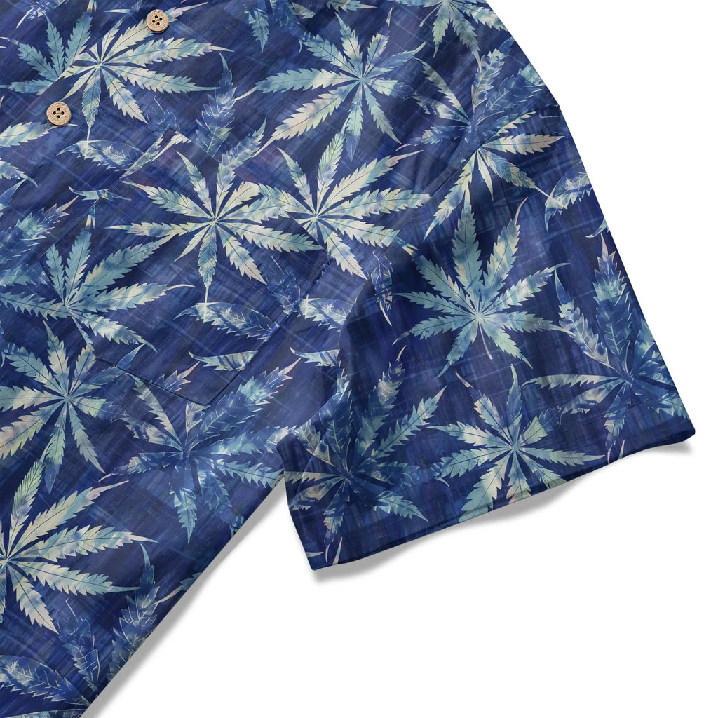 LeosWare® Leaf Men's Hawaiian Shirt Short Sleeve Button-up 100% Cotton Blue Aloha Indigo Dyed Leaves By Ann