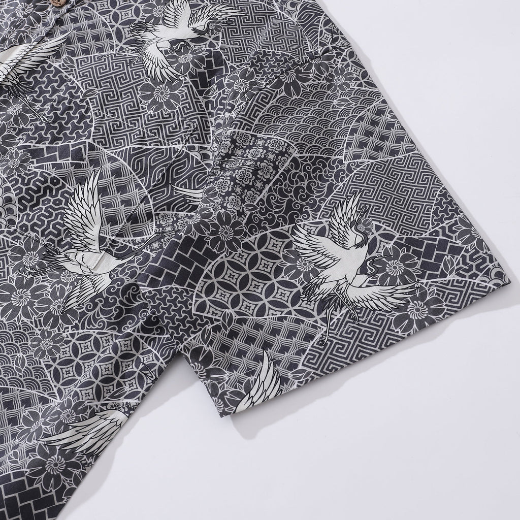 Gray Crane Shirt For Men Cotton Hawaiian Shirt Fun Aloha Shirt Button-down Short Sleeve Shirt Soaring Crane Auspicious By Sun