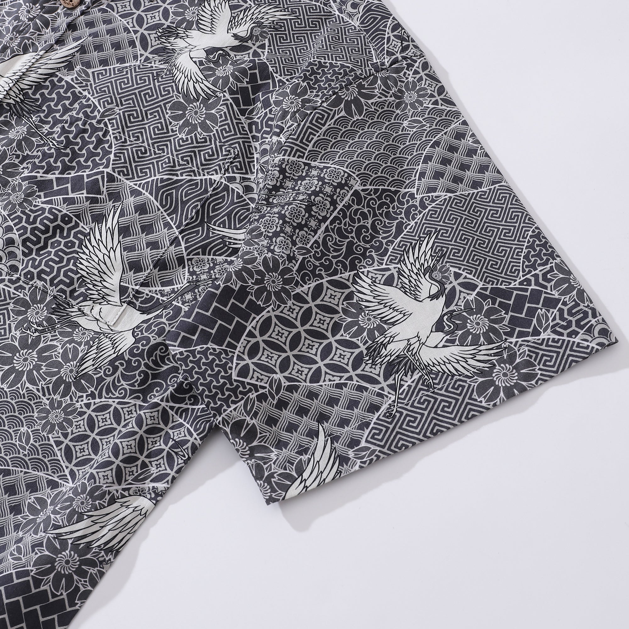 Gray Crane Shirt For Men Cotton Hawaiian Shirt Fun Aloha Shirt Button-down Short Sleeve Shirt Soaring Crane Auspicious By Sun
