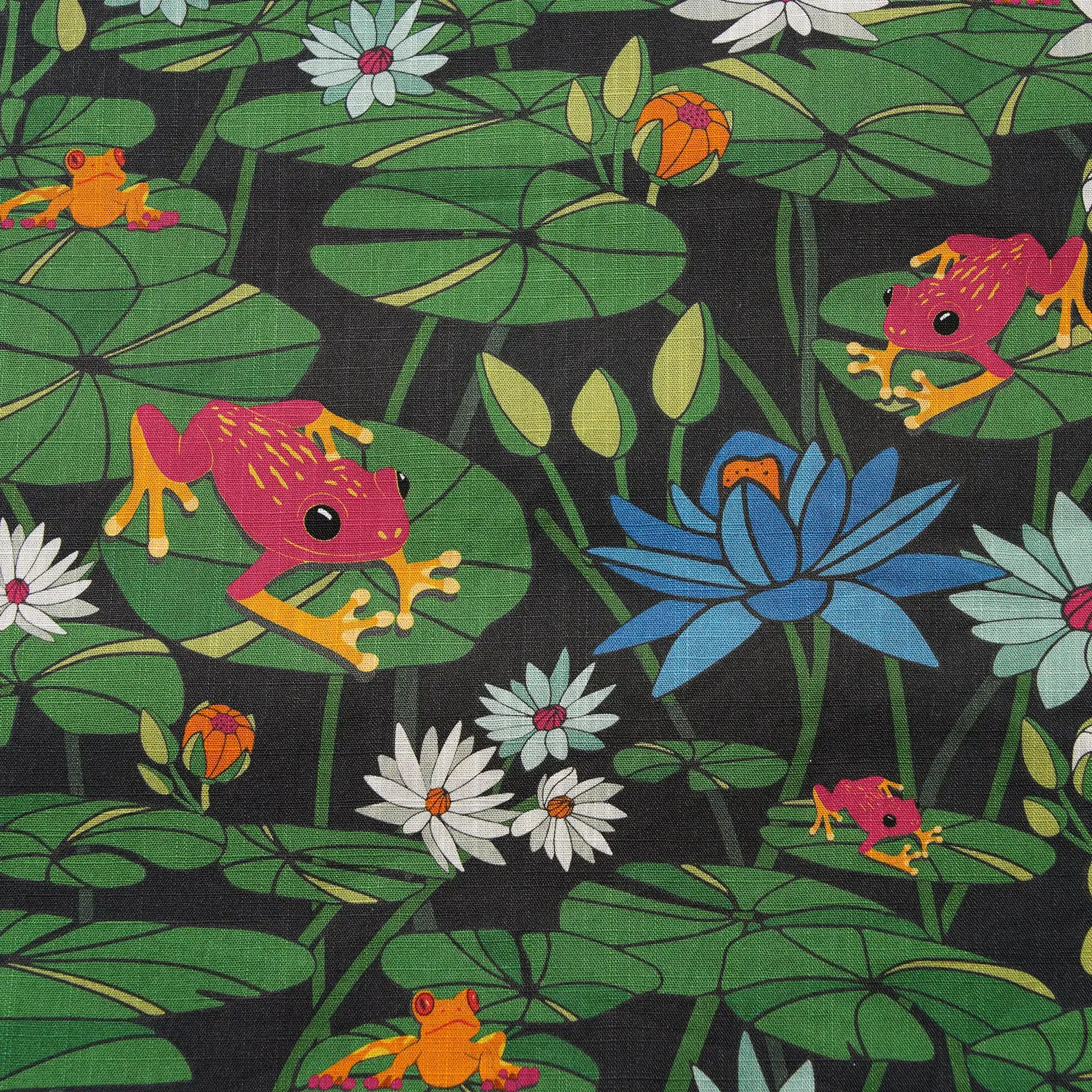 Men's Hawaiian Shirt Short Sleeve Button-down 100% Cotton Green Water Lily Aloha Happy Frogs By Diane Gosselin