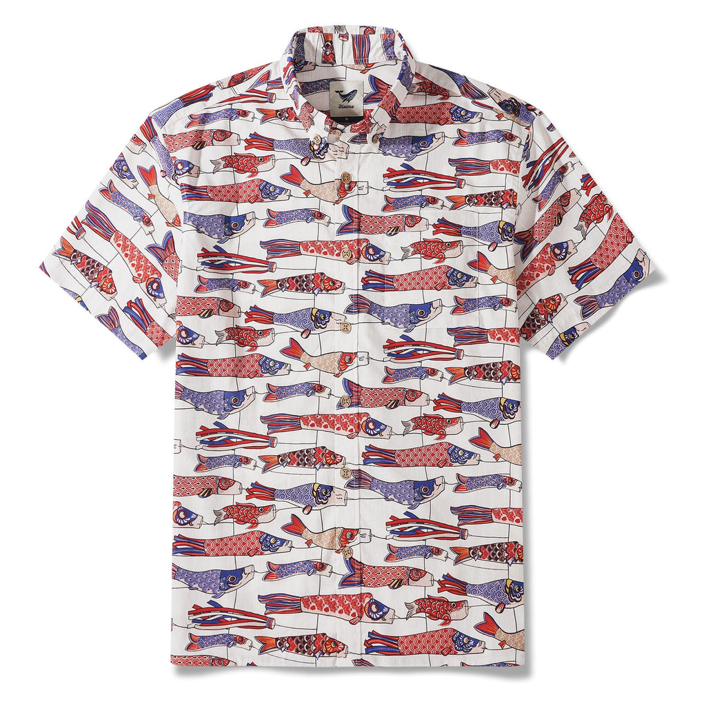 Men's Hawaiian Shirt Short Sleeve Button-down 100% Cotton Beige Aloha Koi in the Wind By DUDU
