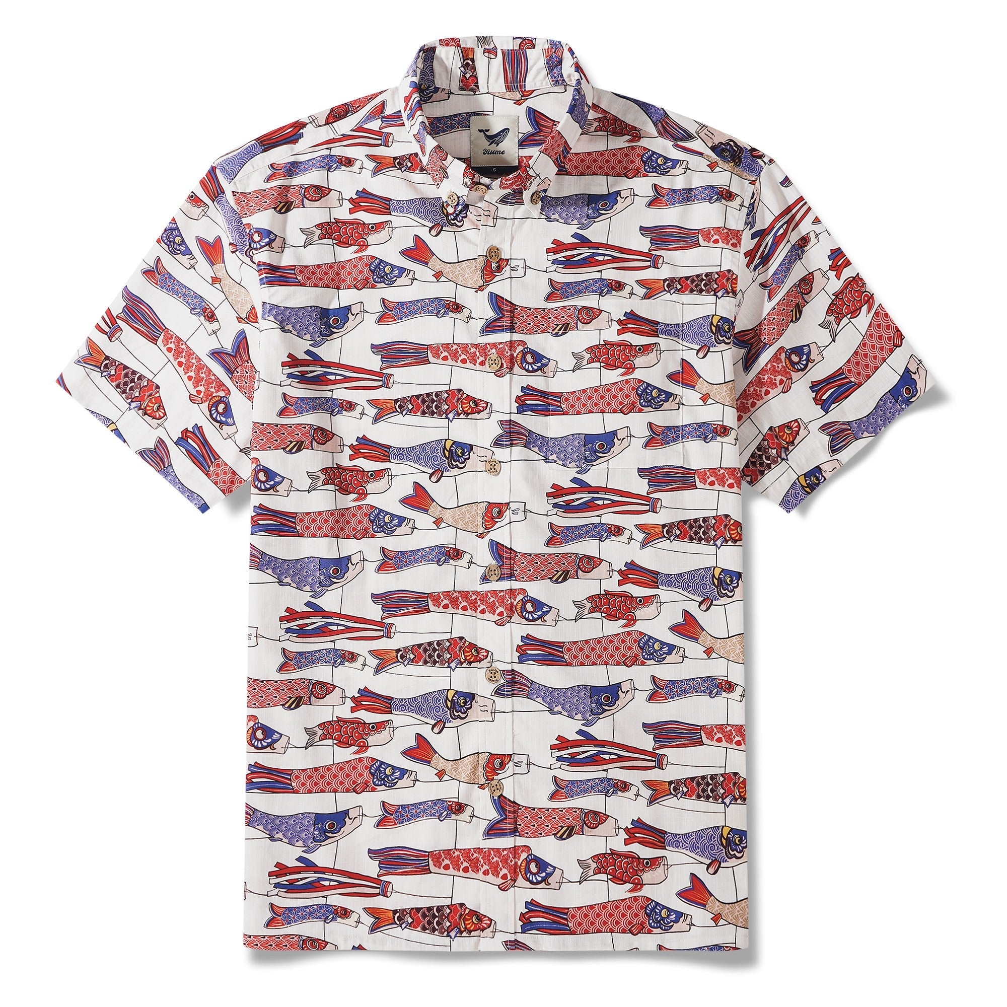 Men's Hawaiian Shirt Short Sleeve Button-down 100% Cotton Beige Aloha Koi in the Wind By DUDU