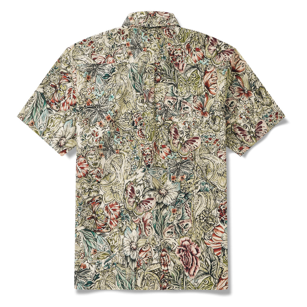 Men's Hawaiian Shirt Short Sleeve Button-down 100% Cotton Green Aloha Floral Butterfly By Yeti