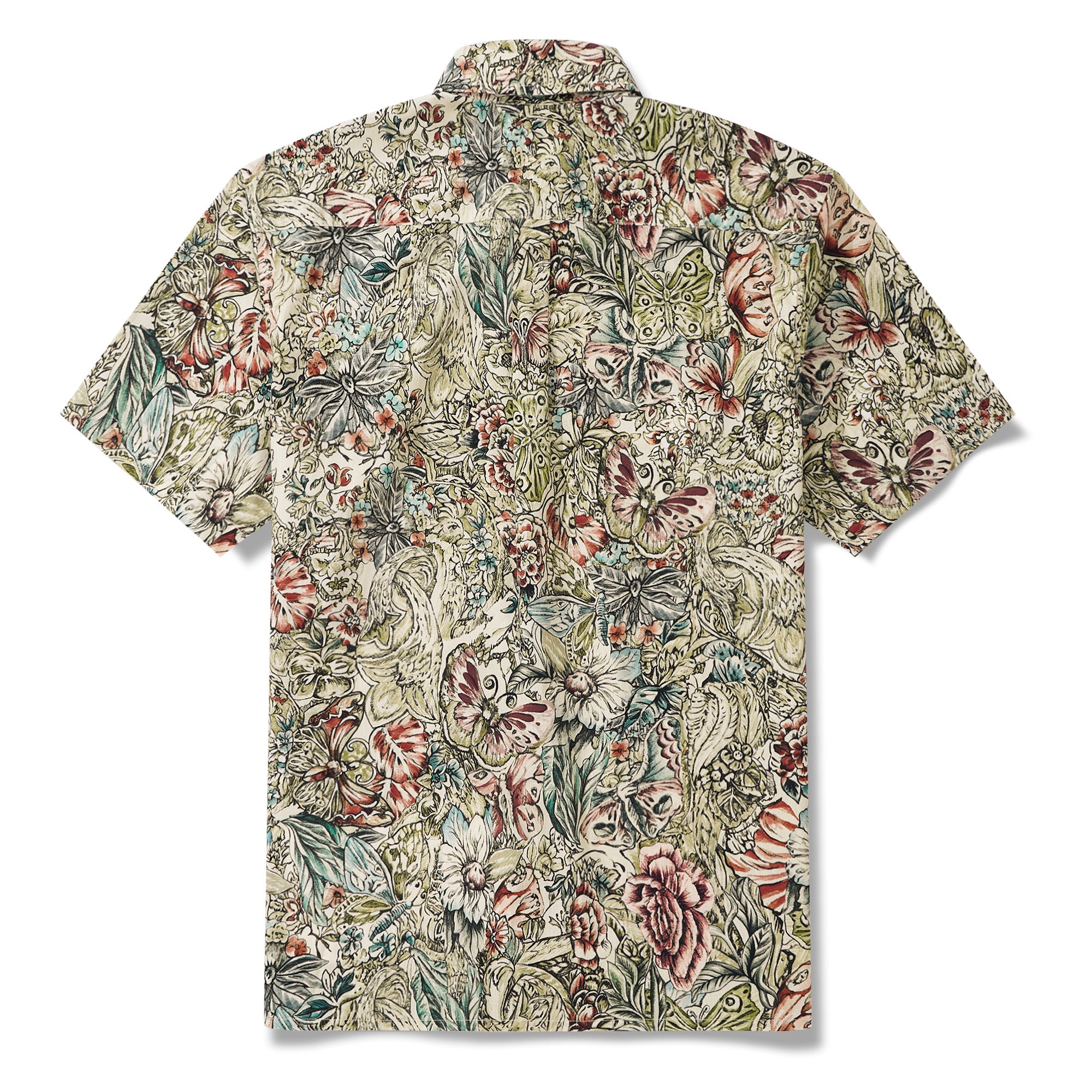 Men's Hawaiian Shirt Short Sleeve Button-down 100% Cotton Green Aloha Floral Butterfly By Yeti