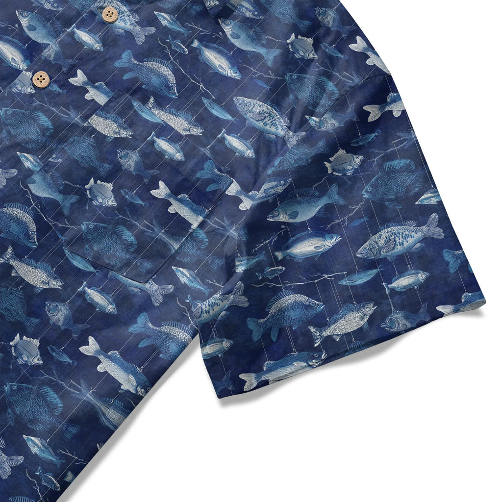 LeosWare® Men's Hawaiian Shirt Short Sleeve Button-up 100% Cotton Blue Aloha Blue Jazz Hanging Fish Pattern By Ann