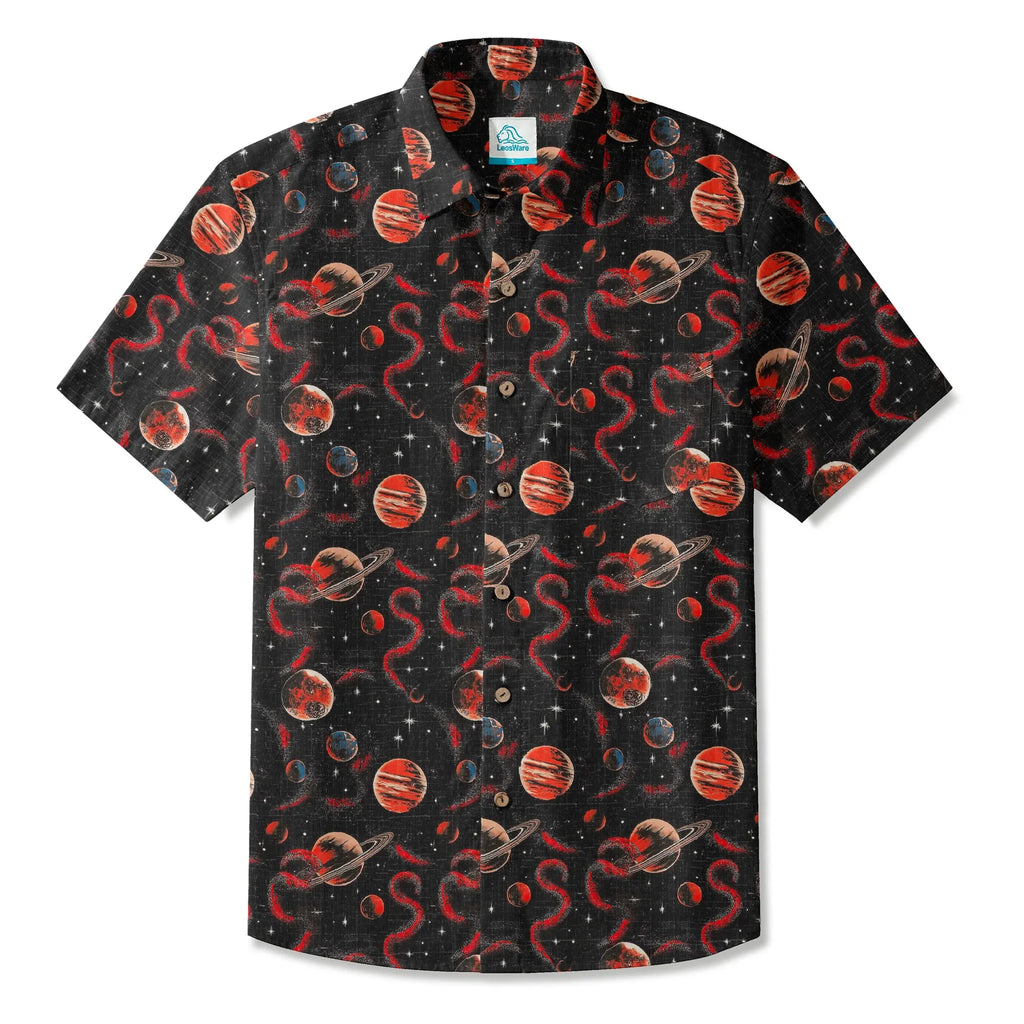 LeosWare® Men's Hawaiian Shirt Short Sleeve Button-up 100% Cotton Black Apace Aloha Crimson Celestial River By Ann