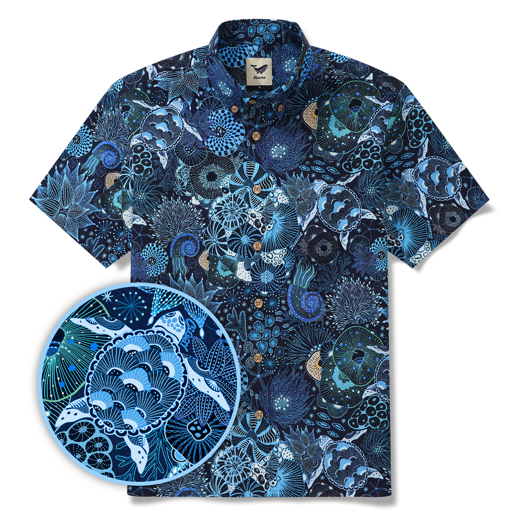 Sea Turtle Men's Hawaiian Shirt Short Sleeve Button-down 100% Cotton Blue Aloha Reef Rules By Mo