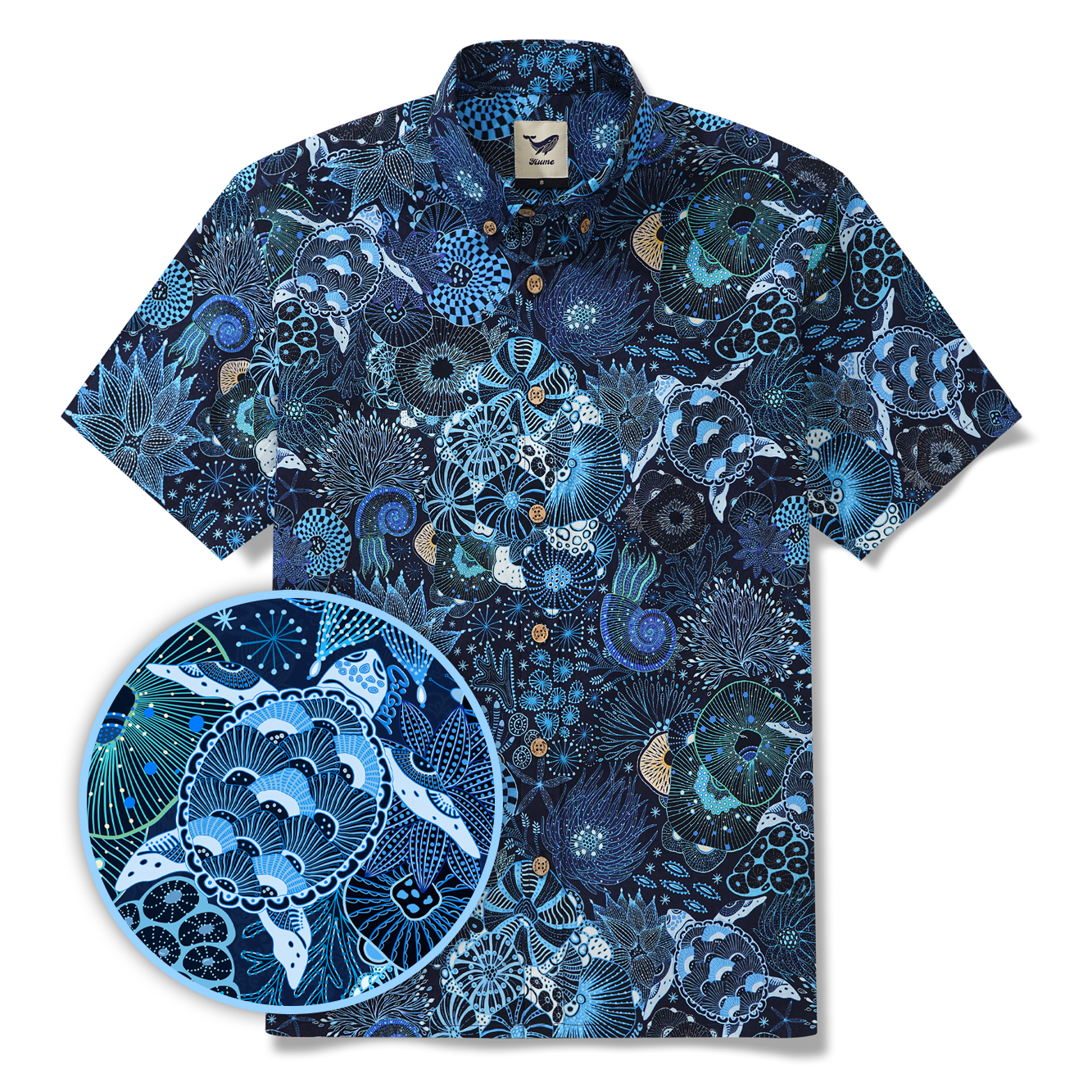 Sea Turtle Men's Hawaiian Shirt Short Sleeve Button-down 100% Cotton Blue Aloha Reef Rules By Mo