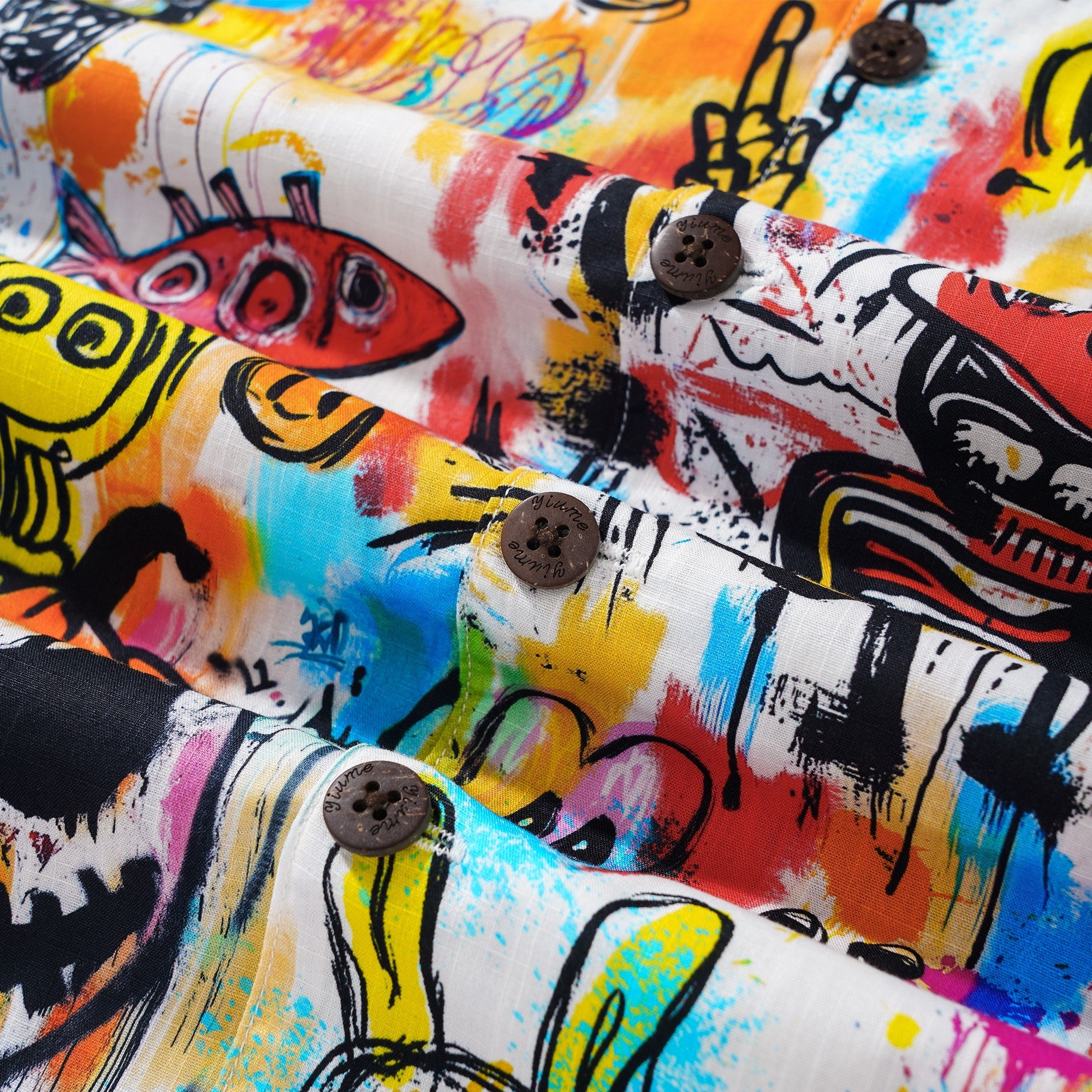Hawaiian Shirt For Men Halloween Short Sleeve Camp Collar Shirt 100% Cotton White Aloha Graffiti Madness Party By Yana