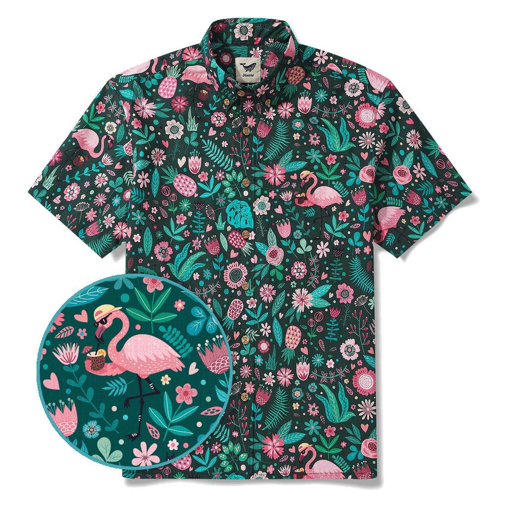 Men's Hawaiian Shirt Short Sleeve Button-down 100% Cotton Green Aloha Blush in the Jungle Flamingo By Cigar