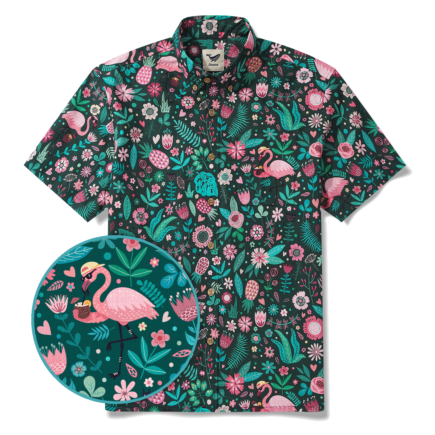Men's Hawaiian Shirt Short Sleeve Button-down 100% Cotton Green Aloha Blush in the Jungle Flamingo By Cigar