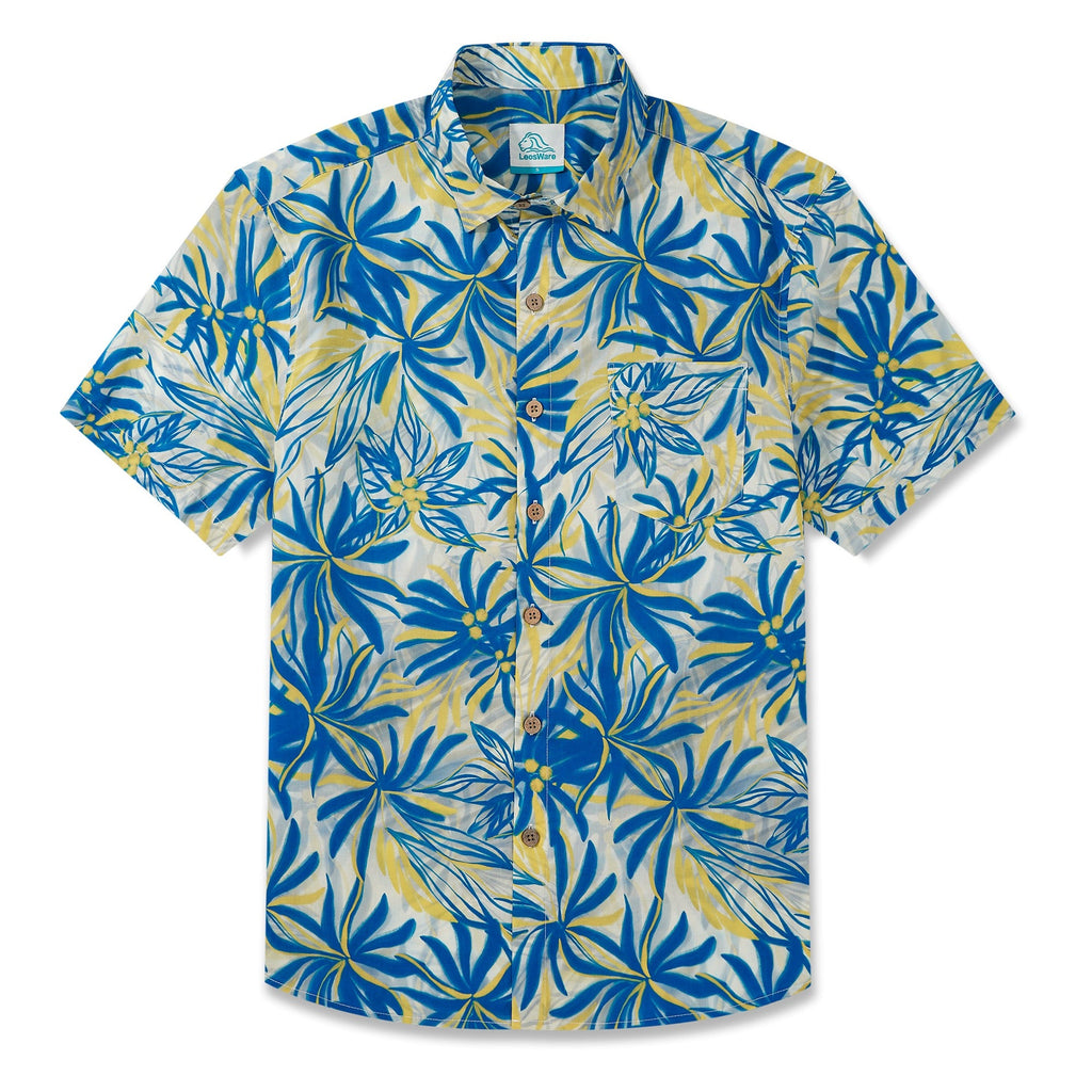 LeosWare® Men's Hawaiian Shirt Short Sleeve Button-up 100% Cotton Green Aloha Tropical Leaf Symphony In Blue And Yellow By Ethan
