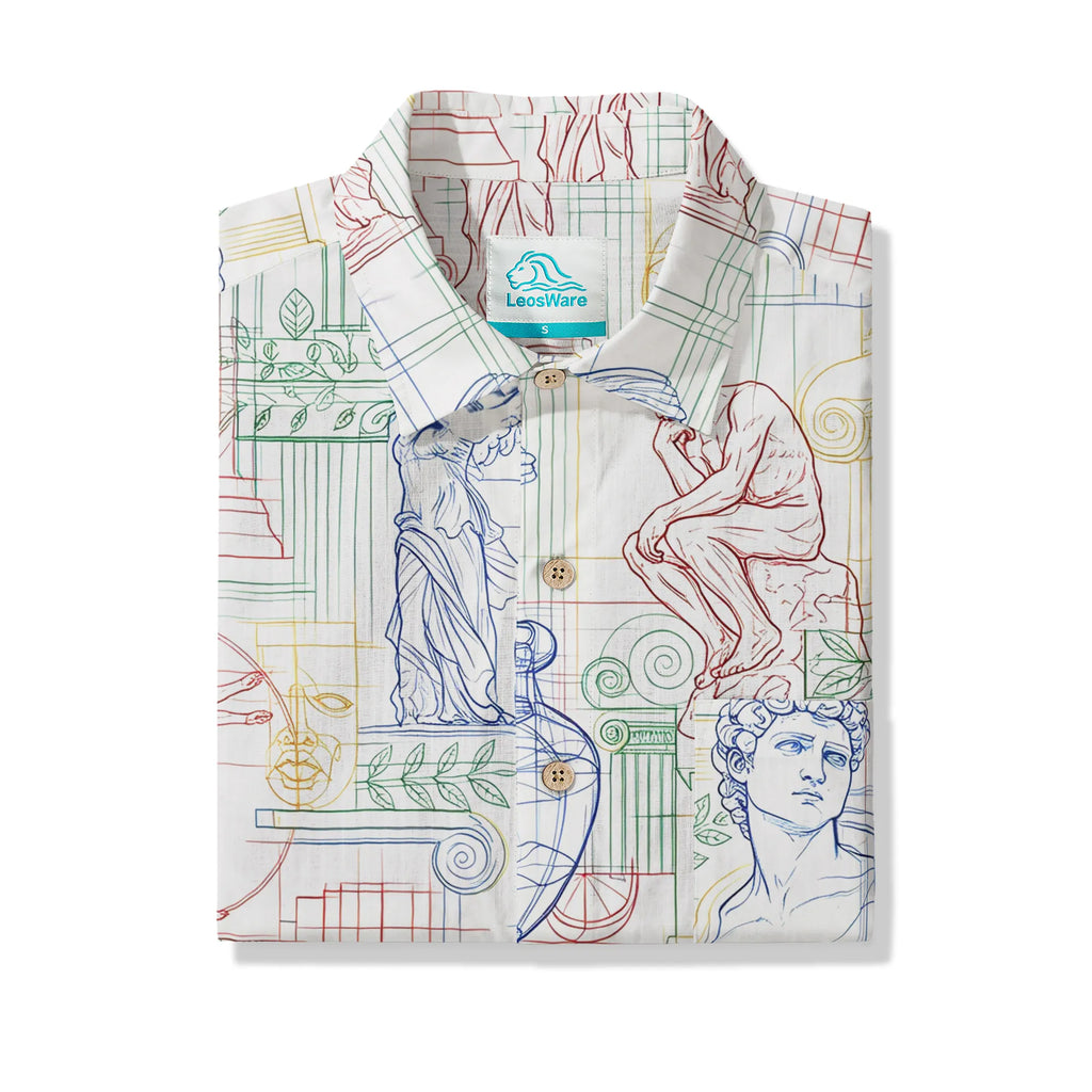 LeosWare® Men's Hawaiian Shirt Short Sleeve Button-up 100% Cotton White Aloha Renaissance Outline Sketches By Ann