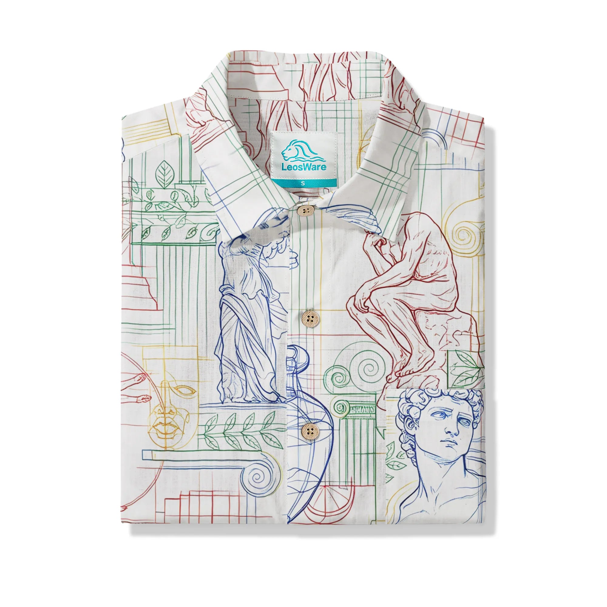 LeosWare® Men's Hawaiian Shirt Short Sleeve Button-up 100% Cotton White Aloha Renaissance Outline Sketches By Ann