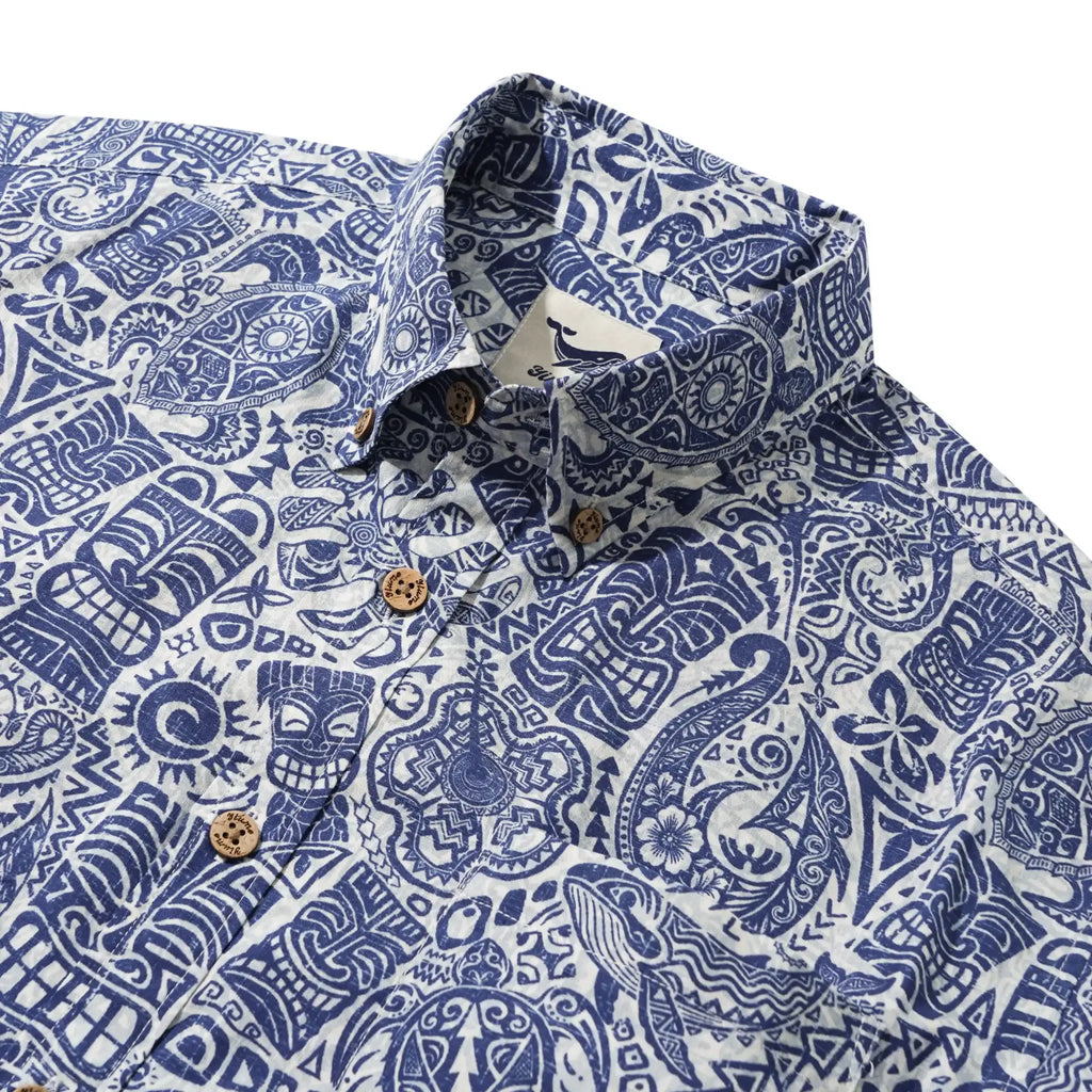 Men's Hawaiian Shirt Short Sleeve Button-down 100% Cotton Blue Aloha Tiki Retro Totem By Cigar