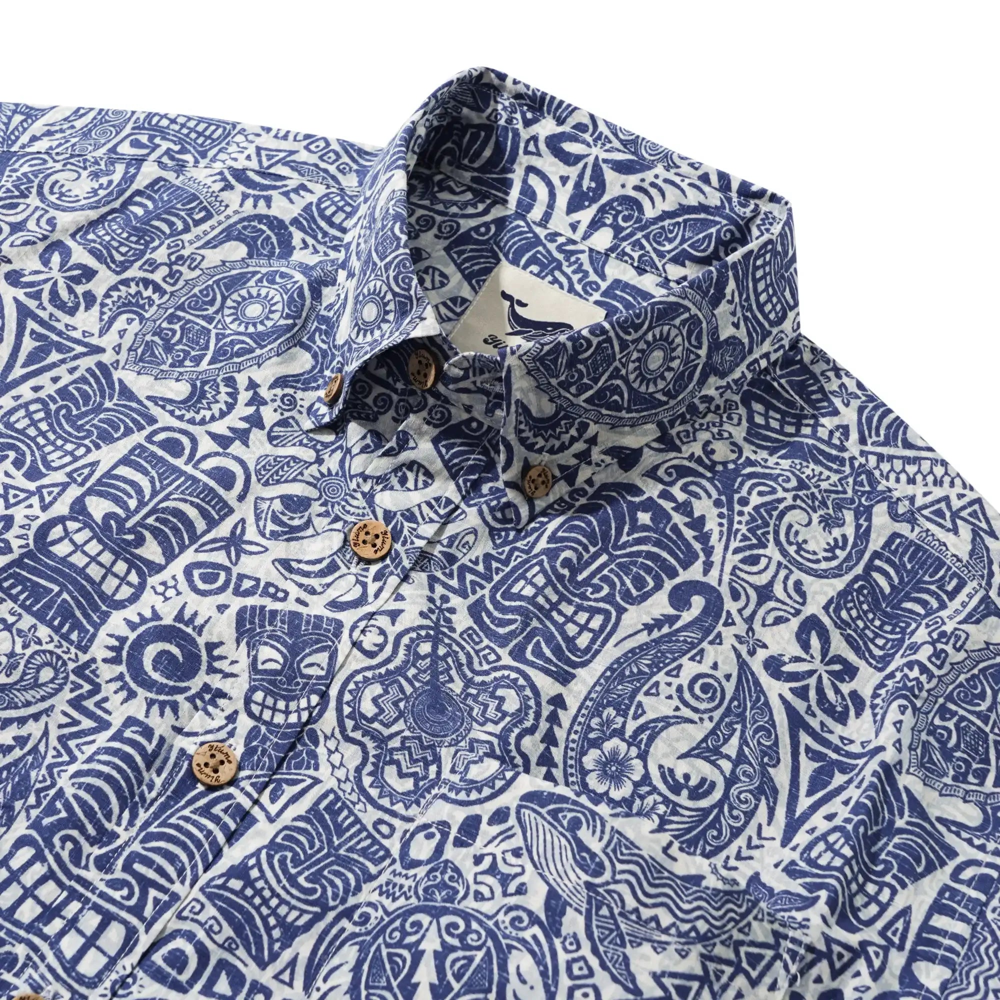 Men's Hawaiian Shirt Short Sleeve Button-down 100% Cotton Blue Aloha Tiki Retro Totem By Cigar