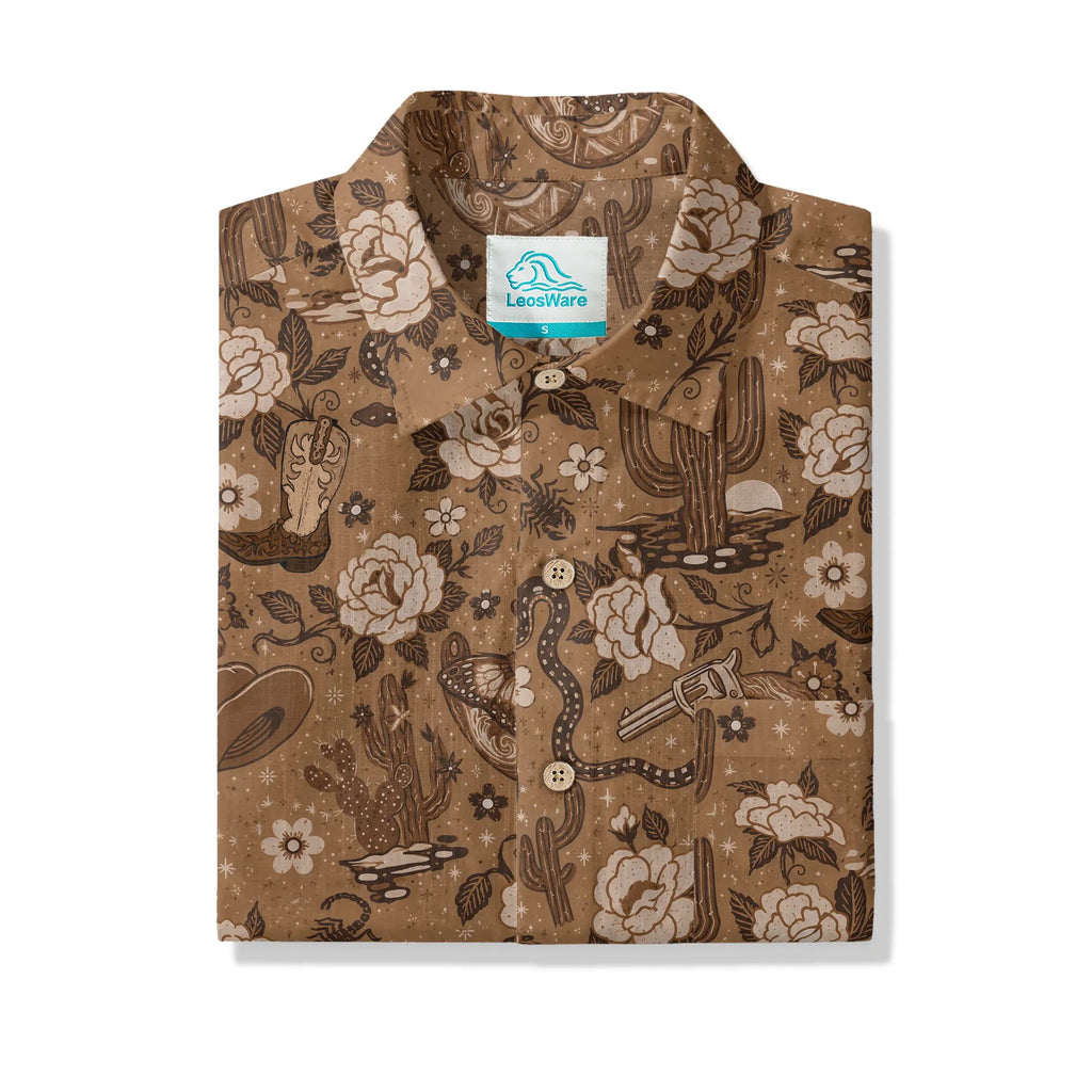 LeosWare® Men's Hawaiian Shirt Short Sleeve Button-up 100% Cotton Brown Aloha Wild West Desert Bloom By Huan Huan