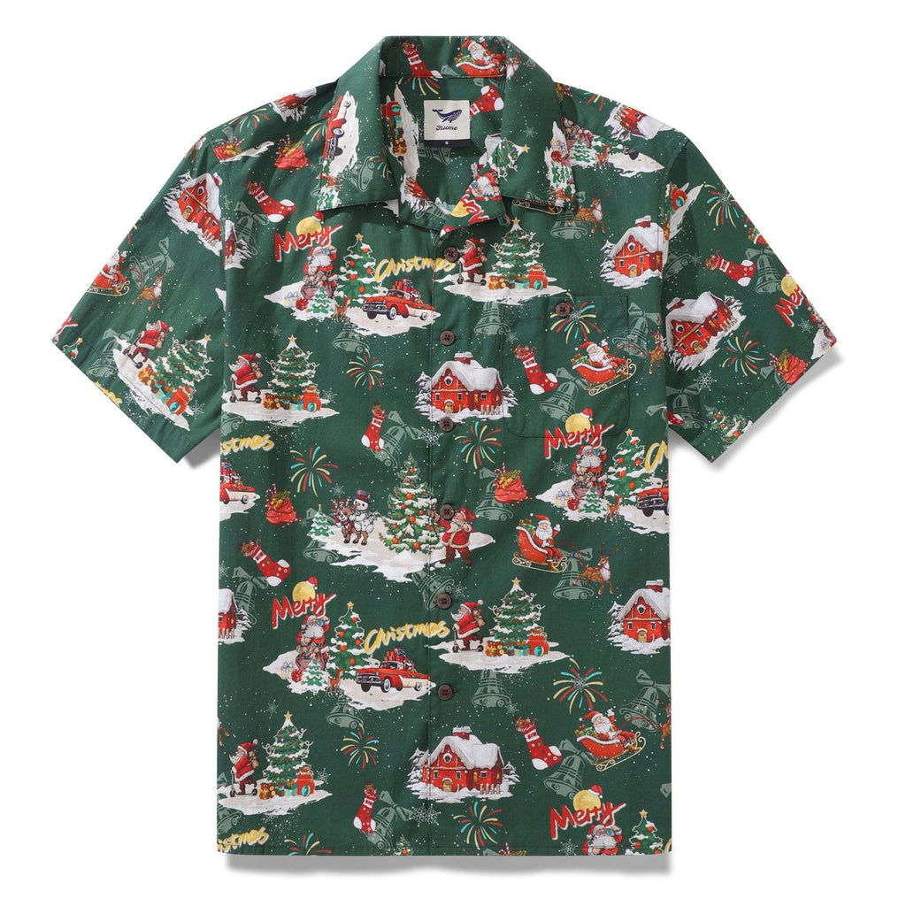 Christmas Gift Men's Hawaiian Shirt A Christmas Eve Snow Print Cotton Camp collar Short Sleeve Aloha Shirt By Sherry